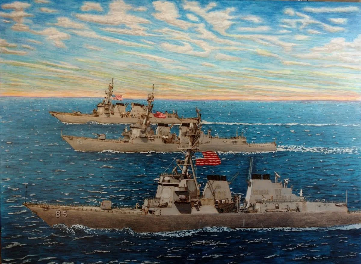 US Navy destroyers at sea by Art Illusions by Young, Folsom, Louisiana. Detailed pyrography and painted artwork showing the Arleigh Burke class destroyers, DDG-85, DDG-82 and DDG-65, sailing under a dramatic sunset sky with American flags flying.