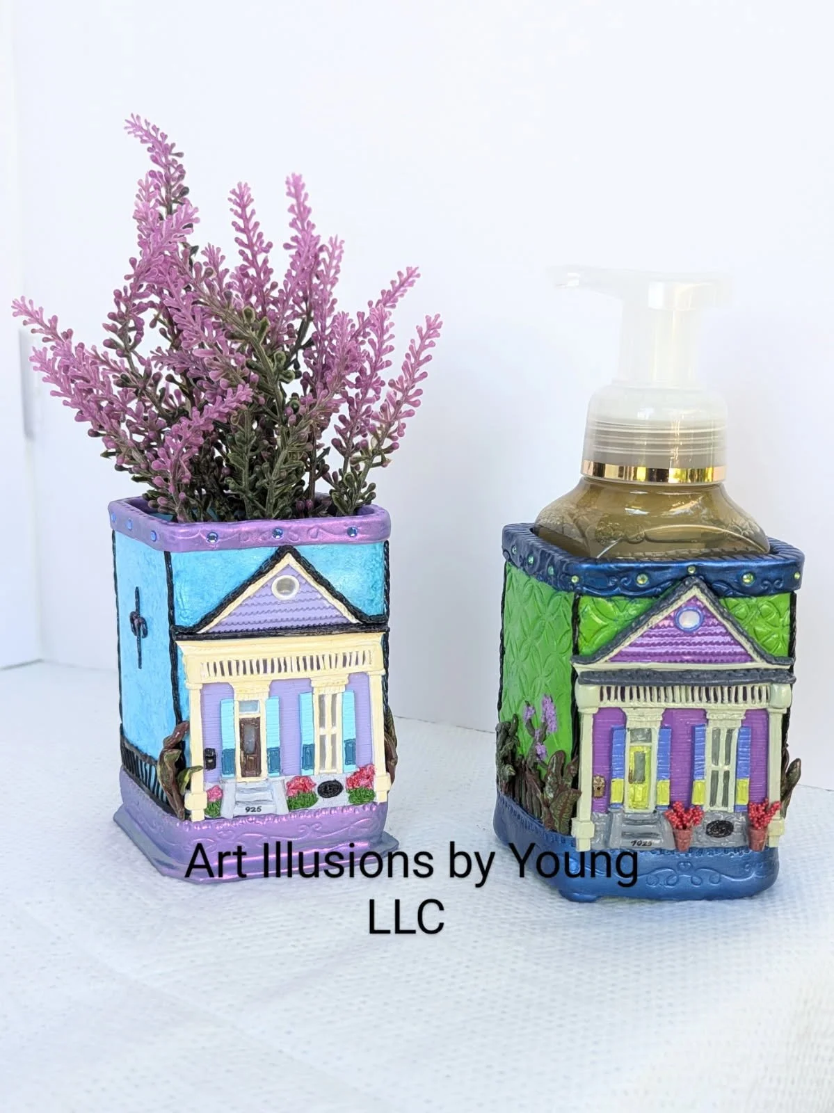 Decorative polymer clay New Orleans Shotgun Houses by Art Illusions by Young, Folsom, Louisiana. Hand-sculpted colorful buildings with architectural details both adorned with intricate clay work and vibrant accents for versatile use.