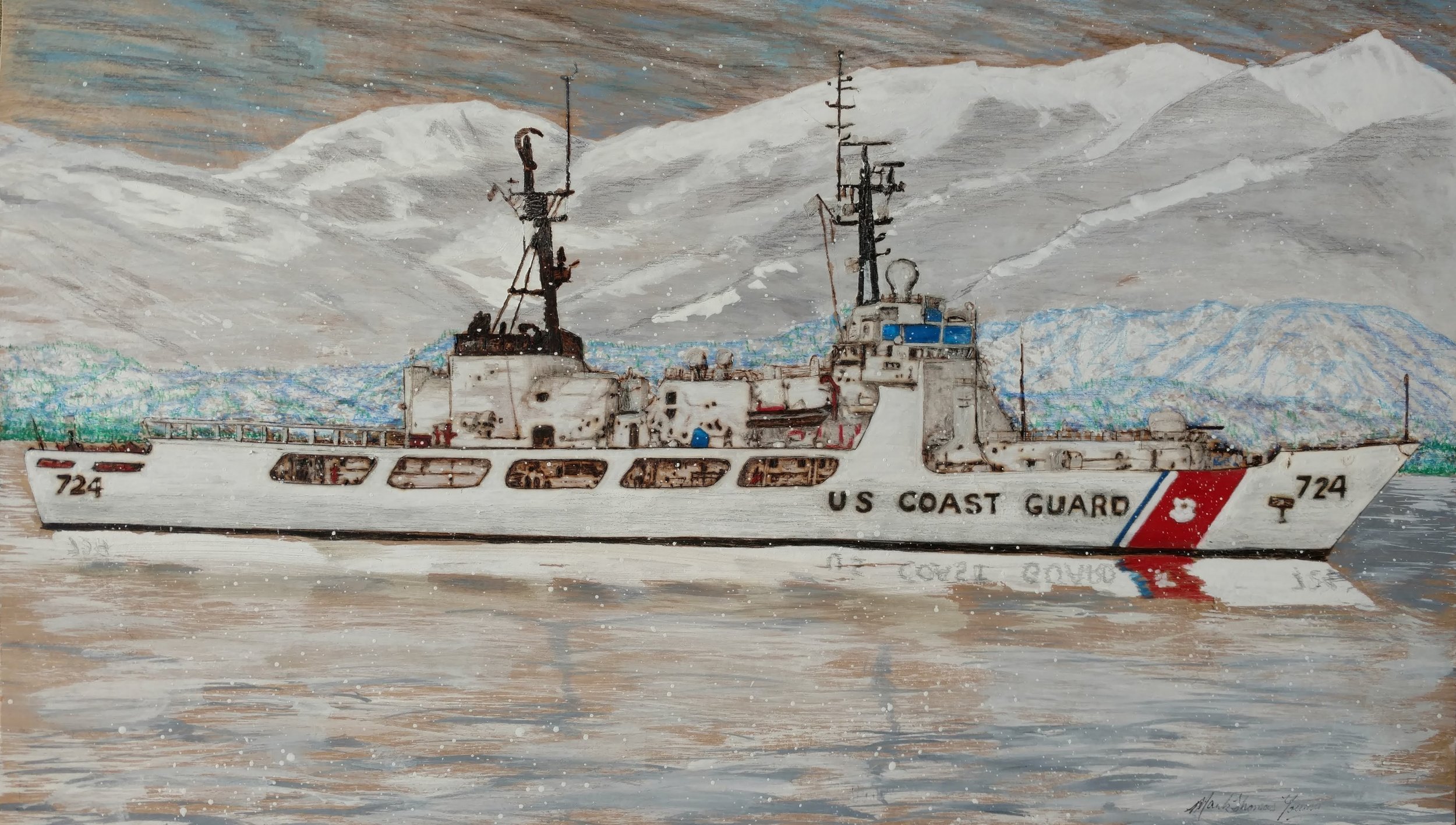 🔴 Sold:
US Coast Guard Cutter Douglas Munro Sailing in Calm Alaskan Waters Pyrography by Art Illusions by Young, Folsom, Louisiana. This detailed woodburn captures the U.S. Coast Guard Cutter Douglas Munro (WMSL-724) gliding through serene Alaskan w