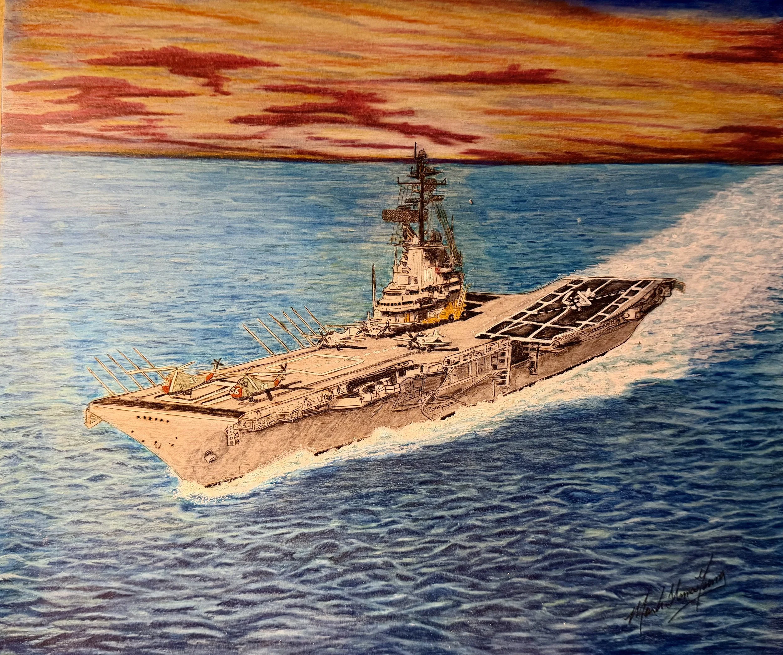 🟢 Available :
Pyrography (woodburn) portrait of the USS Lexington aircraft carrier by Art Illusions by Young. The historic naval vessel is meticulously burned and colored with pigments on a basswood plank, honoring U.S. Navy history in the studio’s 