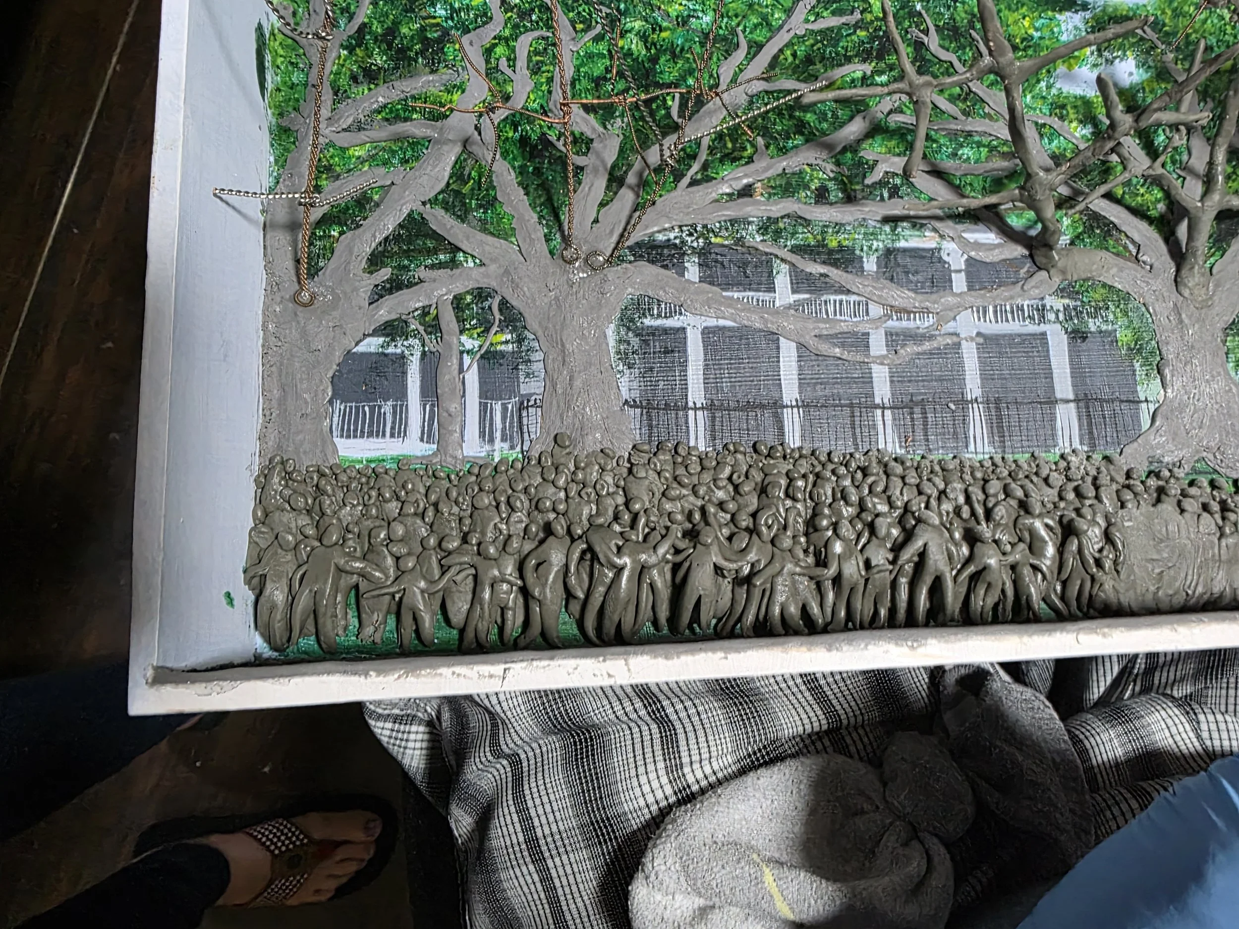 Close-up of the hand-sculpted live oak tree and dense crowd base on the King Rex float diorama. Realistic textural details in this mixed media Mardi Gras artwork by Art Illusions by Young.