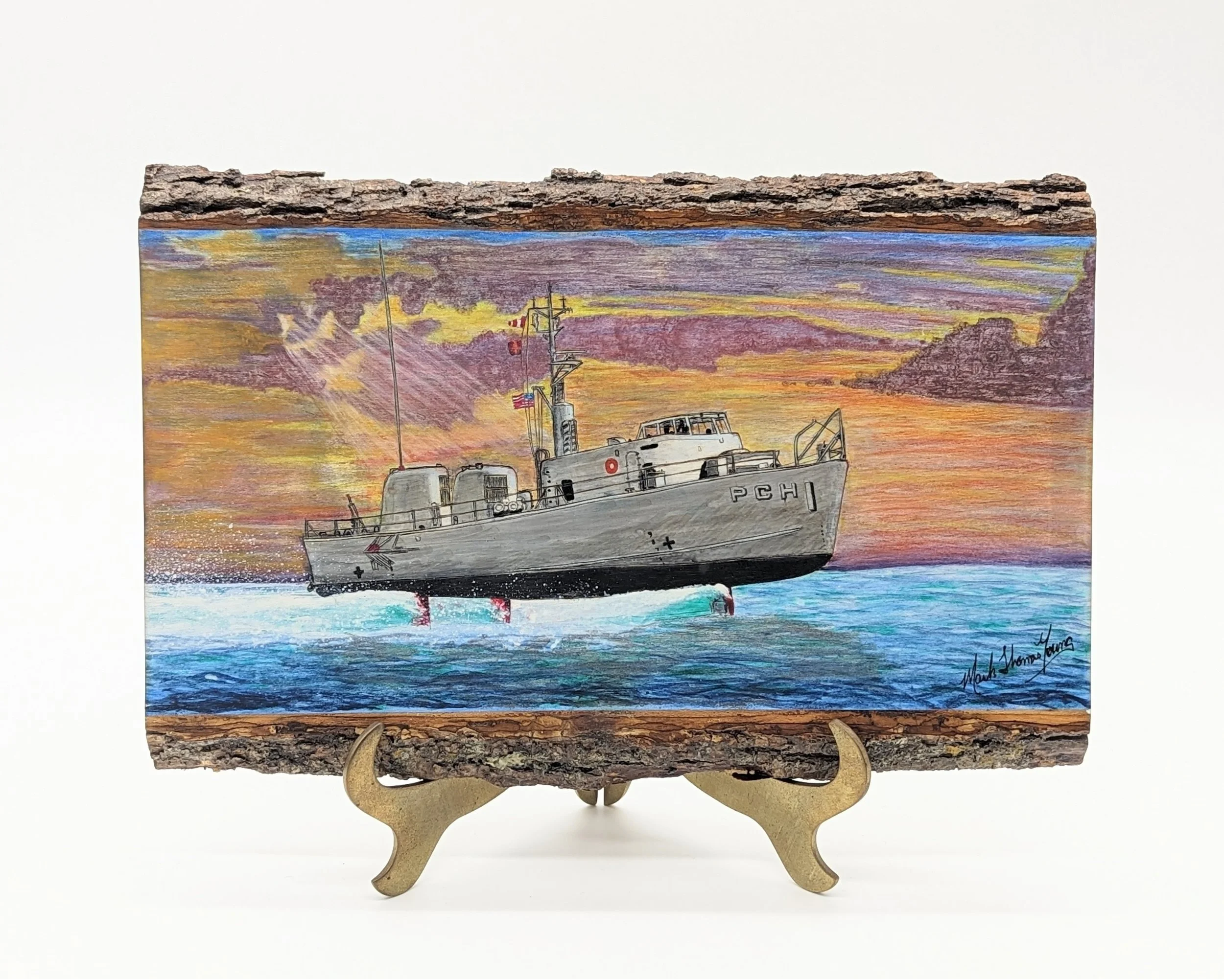 🔴 Sold:
USS High Point PCH-1 Hydrofoil at High Speed Pyrography by Art Illusions by Young, Folsom, Louisiana. This dynamic woodburn captures the experimental hydrofoil patrol craft USS High Point (PCH-1) slicing through the water at high speed, its 