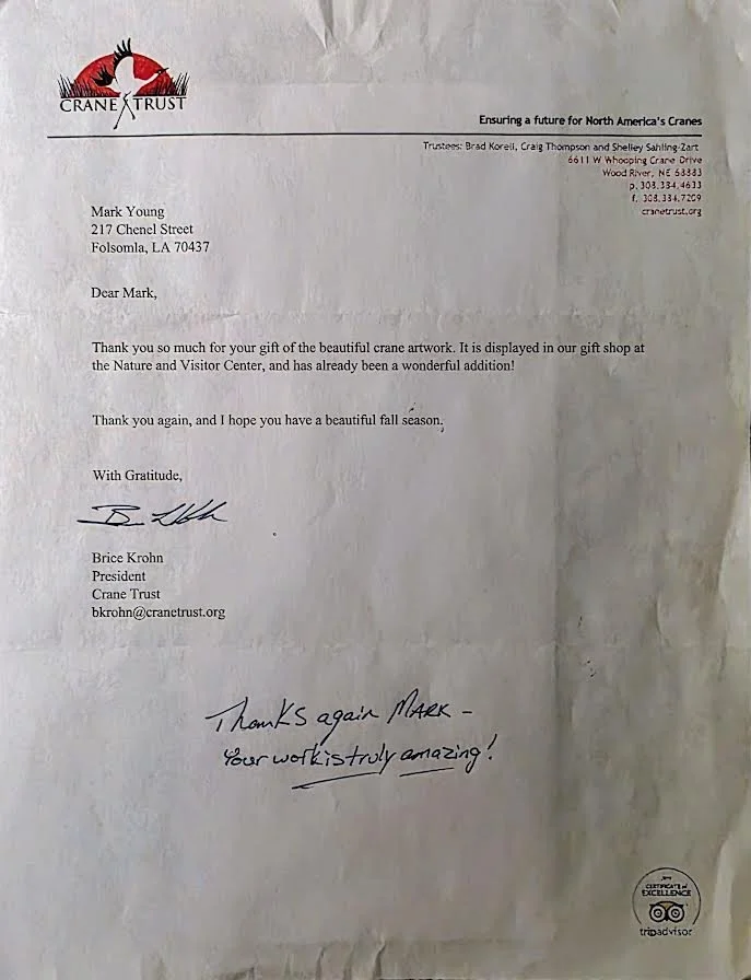 Letter of Appreciation from Sandhill Crane Trust to Mark Thomas Young for his donation to the trust.