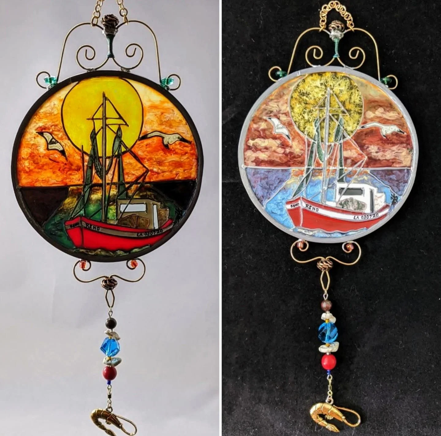🔴 Sold: 
Shrimp Boat Illusion Glass by Art Illusions by Young. A classic Cajun shrimp boat sails on blue waters in this round suncatcher, complete with nets and coastal atmosphere. The hand-painted details honor the working heritage of Louisiana’s f