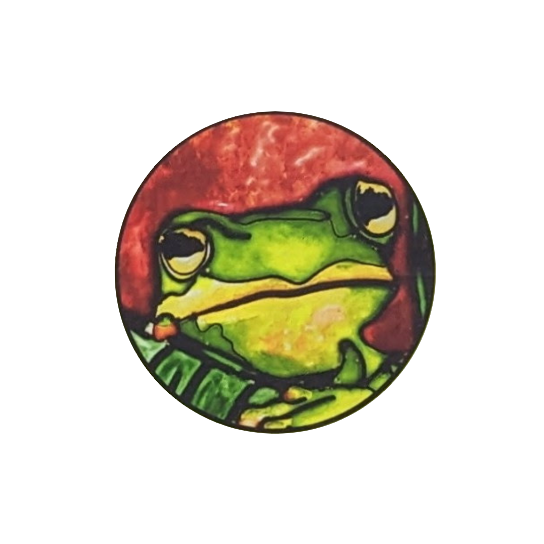 Art Illusions by Young logo featuring a stylized frog on a red background. Official brand mark for the handmade art studio in Folsom, Louisiana.