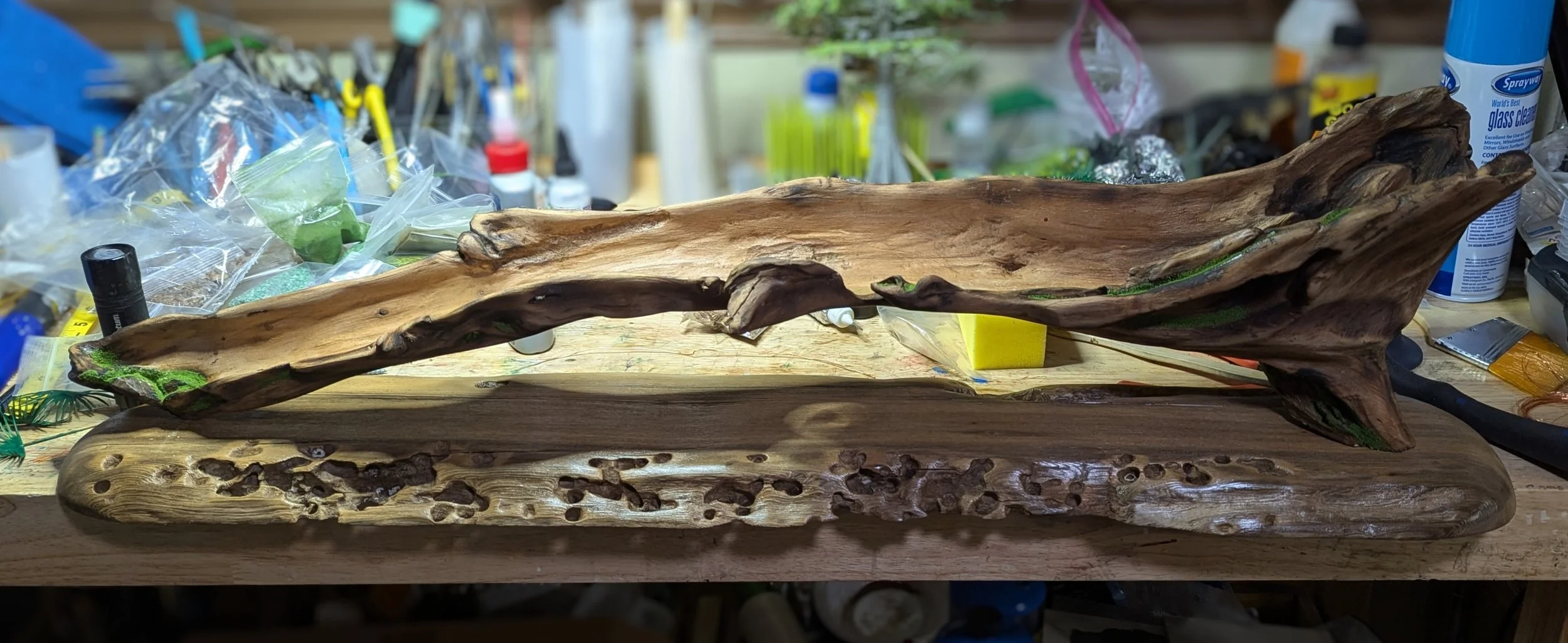 Studio work in progress on cypress branch with cypress driftwood base with lush greenery, small flowers, and textured moss in a micro swamp diorama by Art Illusions by Young.