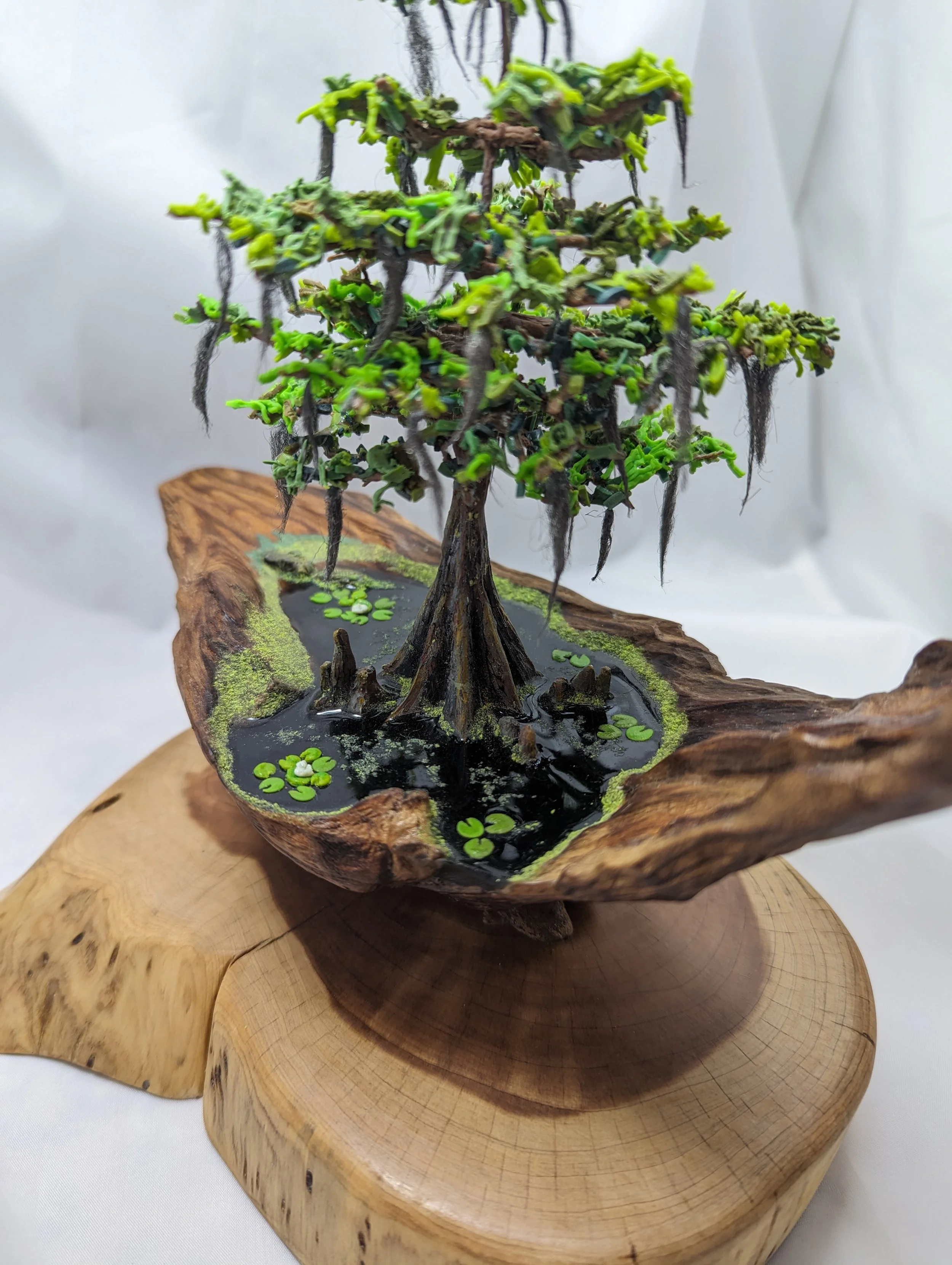Solitude in Sinker Cypress bonsai diorama by Art Illusions by Young. Solitary cypress on sinker cypress driftwood with Spanish moss, epoxy water, lily pads. 100 hours work.