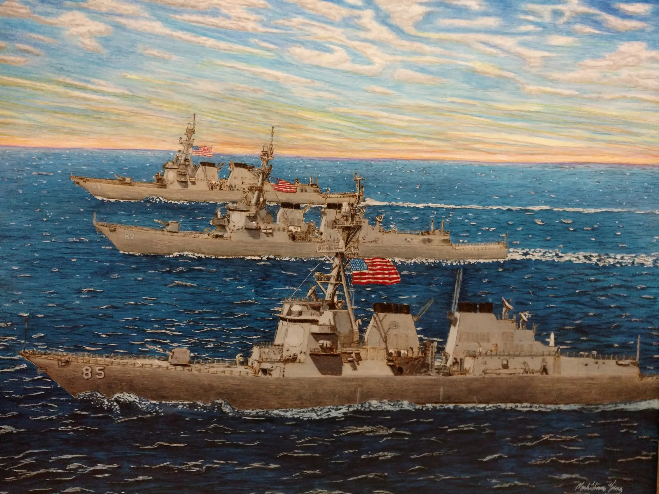 🔴 Sold:
Commission USS Benfold DDG-65, USS Lassen DDG-82 and USS McCampbell DDG-85 Pyrography by Art Illusions by Young, Folsom, Louisiana. This impressive woodburn on a natural wood slice captures three Arleigh Burke-class guided missile destroyers