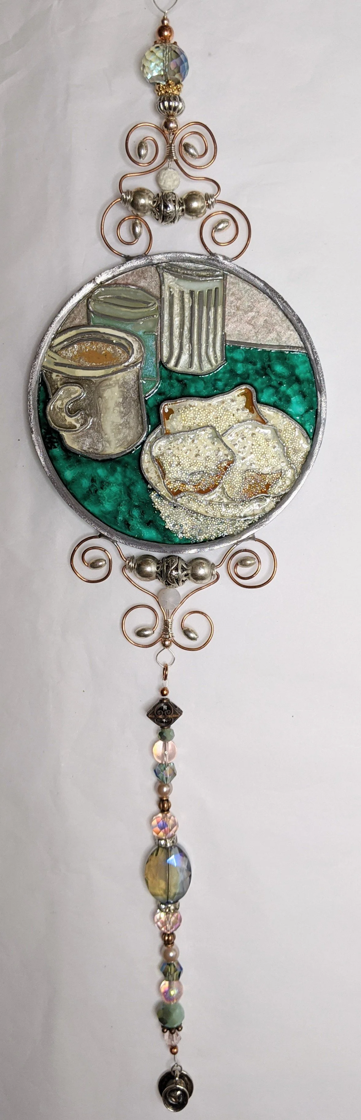 🔴 Sold: 
Café du Monde Illusion Glass by Art Illusions by Young. This nostalgic circular piece celebrates the famous New Orleans café with beignets, café au lait, and the iconic  water glass. Warm colors and hand-painted details evoke sweet Crescent