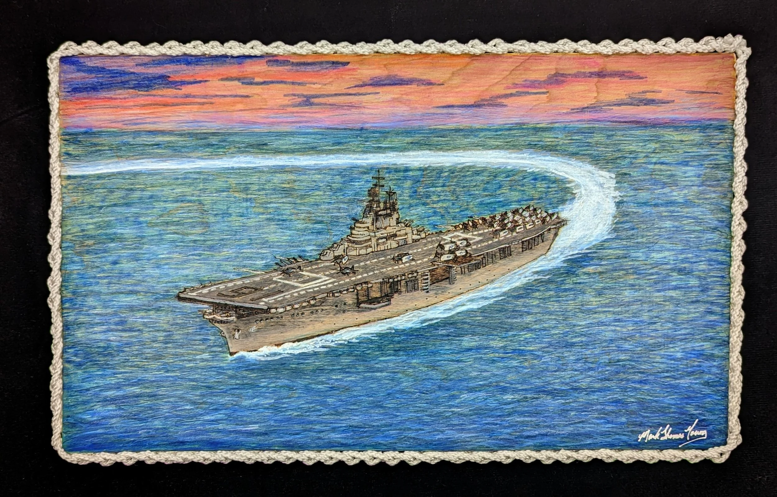 🔴 Sold:
USS Lexington CV-16 The Blue Ghost Pyrography by Art Illusions by Young, Folsom, Louisiana. This iconic woodburn on a natural wood slice captures the legendary Essex-class aircraft carrier USS Lexington (CV-16), known as “The Blue Ghost,” un