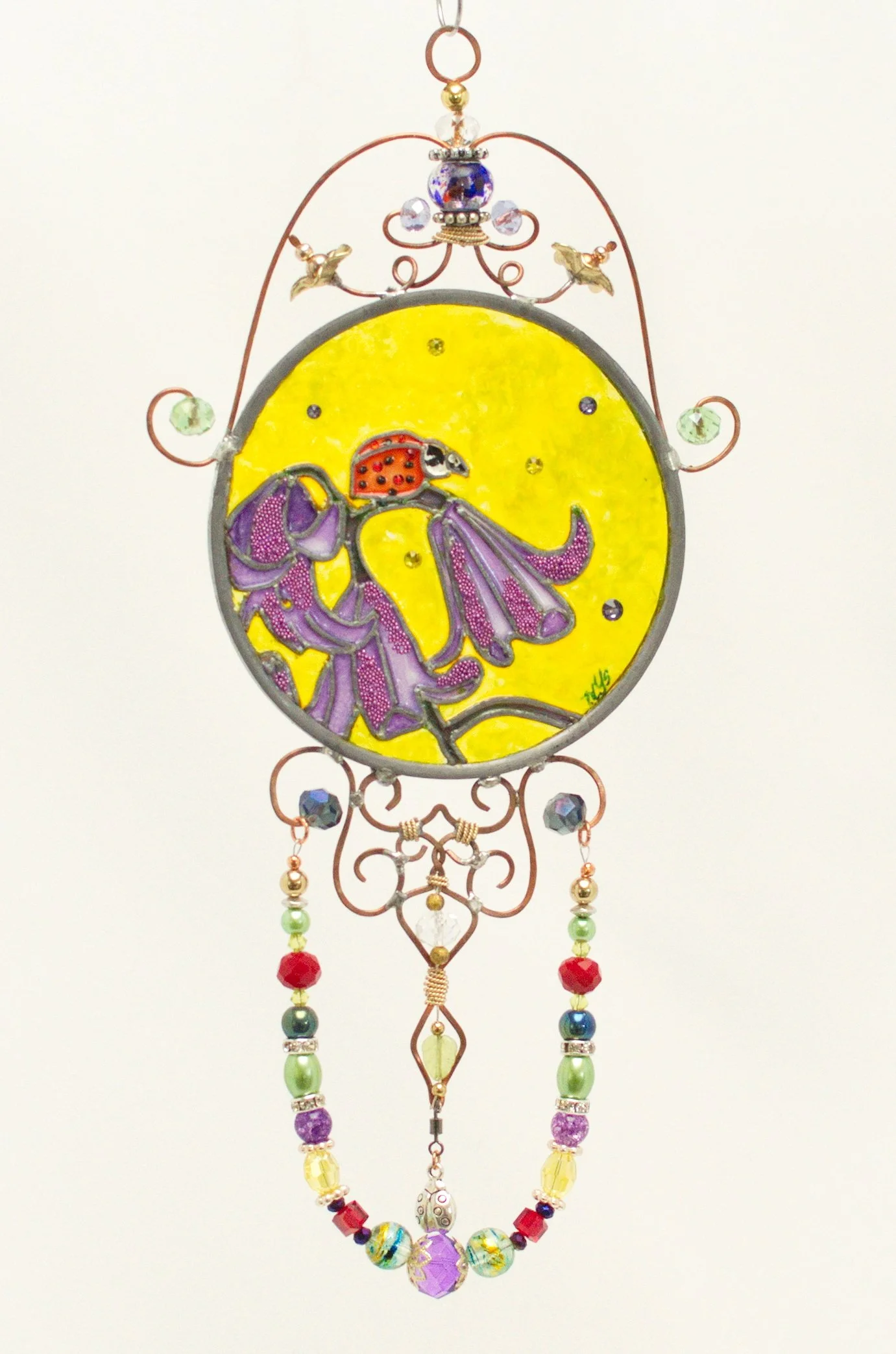 Ladybug on Purple Blossoms Illusion Glass - Whisper of Spring in Painted Jewel