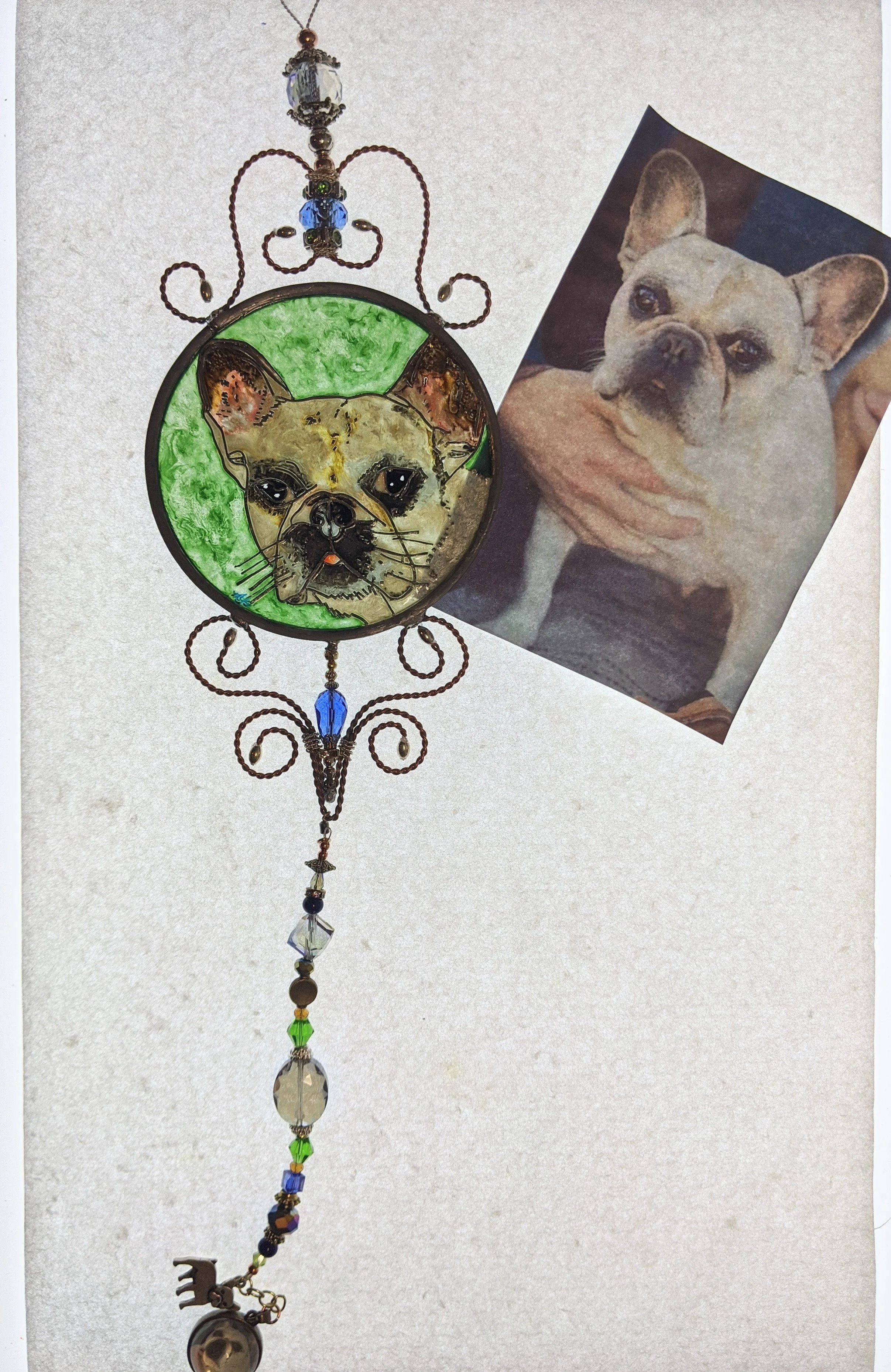 🔴 Sold: 
Commissioned French Bulldog Illusion Glass by Art Illusions by Young. Another lovingly detailed round suncatcher of an French bulldog, this time shown in a close, affectionate pose. The hand-painted features and soft color palette make this