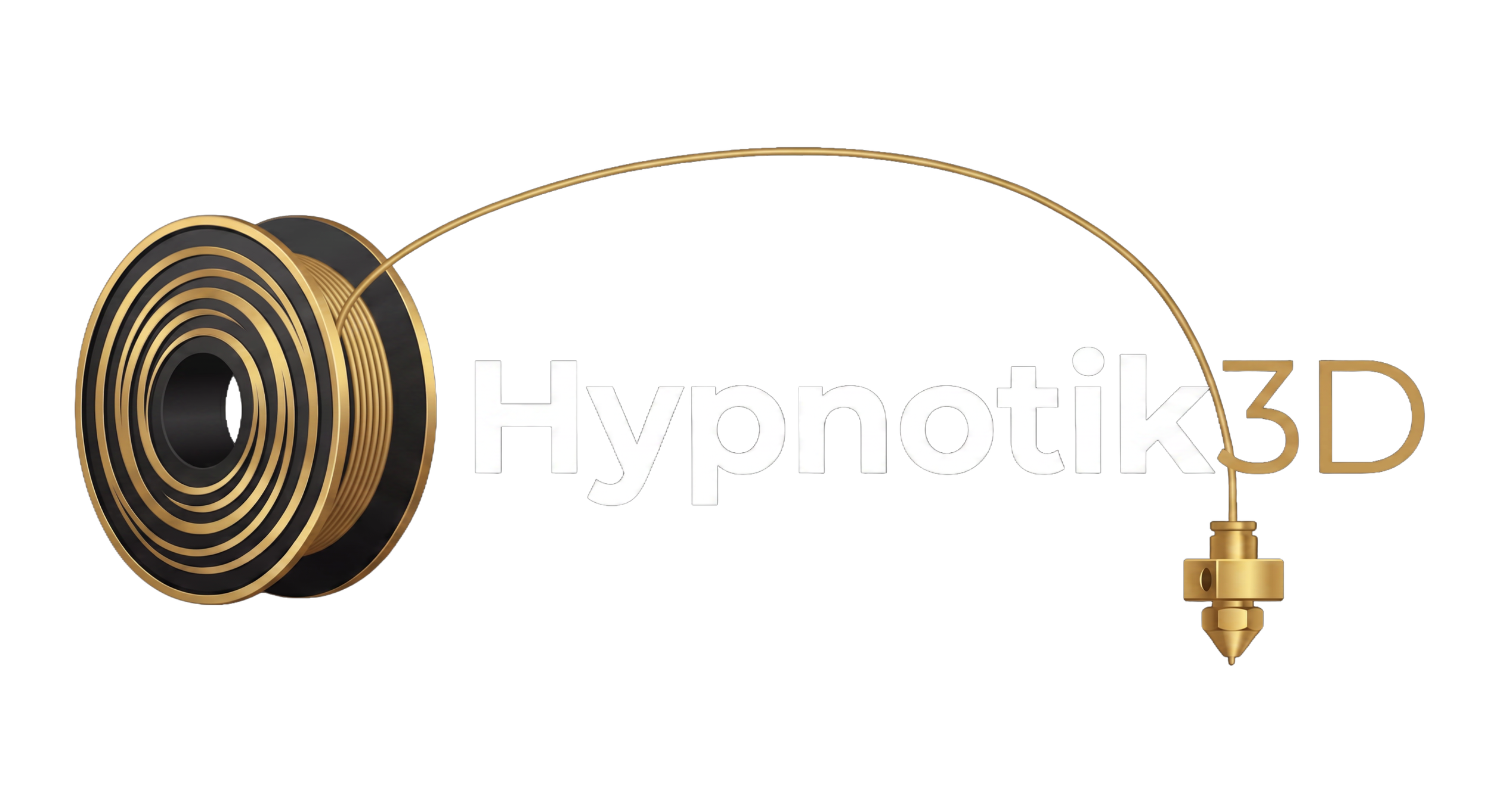 Logo for Hypnotik3D featuring a large gold and black reel on the left, black background, with the words 'Hypnotik3D' in white and gold text and a red and blue cable connector on the right.