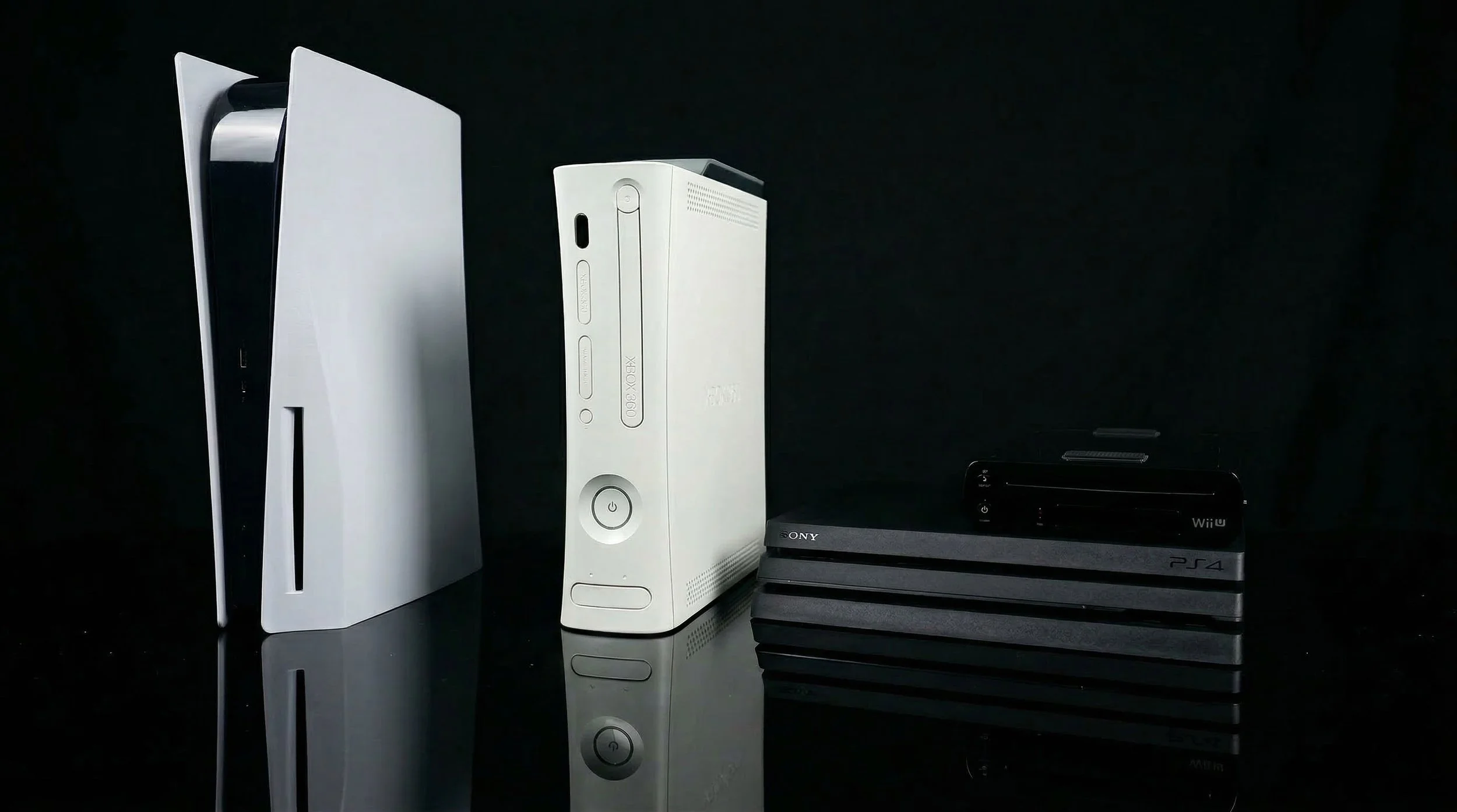 A collection of gaming consoles, including a PlayStation 5, an Xbox Series X, and two PlayStation 4 models, all placed on a reflective black surface against a black background.