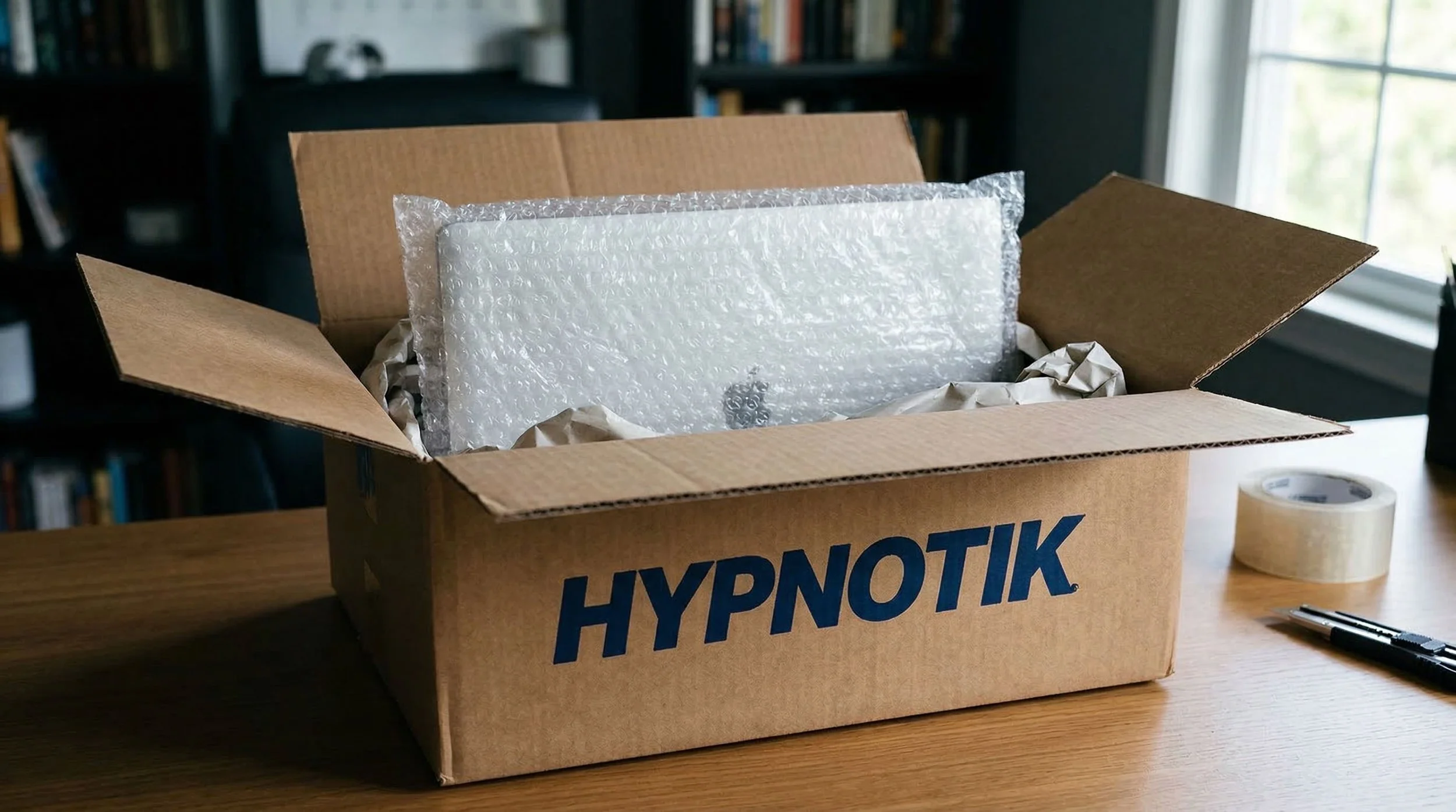 Open cardboard box labeled 'HYPNOTIK' containing an electronic device wrapped in bubble wrap, on a wooden table with masking tape, pen, and paper nearby.