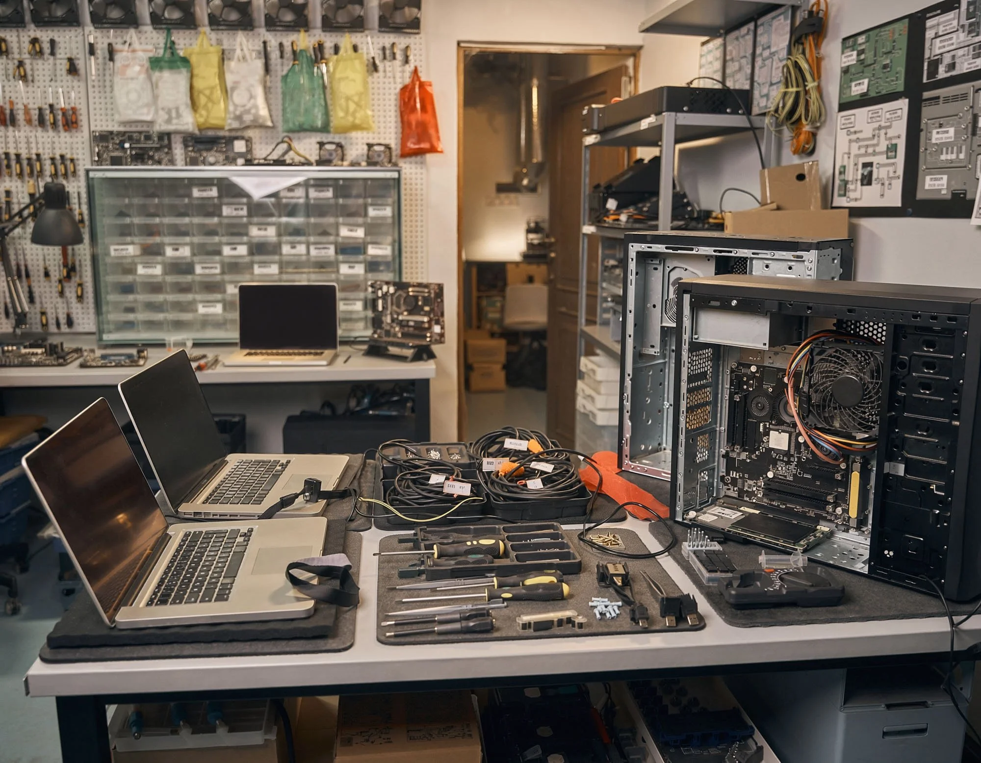 Workstation with disassembled computer parts, tools, and laptops on a workbench in a repair workshop.
