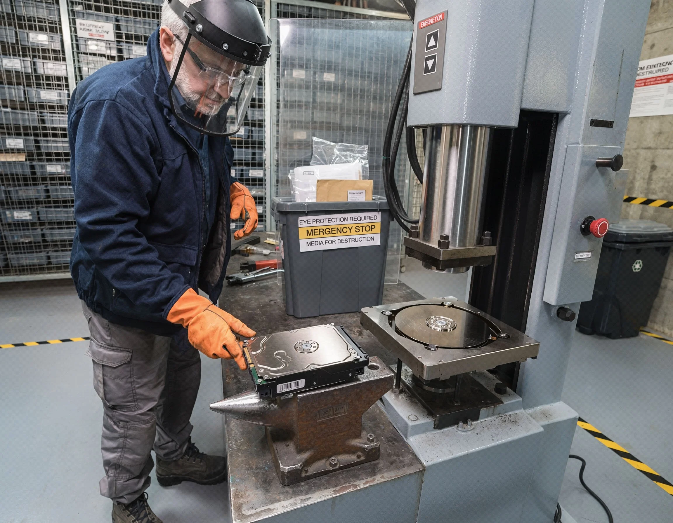 A technician working on a hard drive at a manufacturing or repair station, wearing safety glasses, a face shield, orange gloves, a navy jacket, and gray pants, with industrial equipment and storage cages in the background.