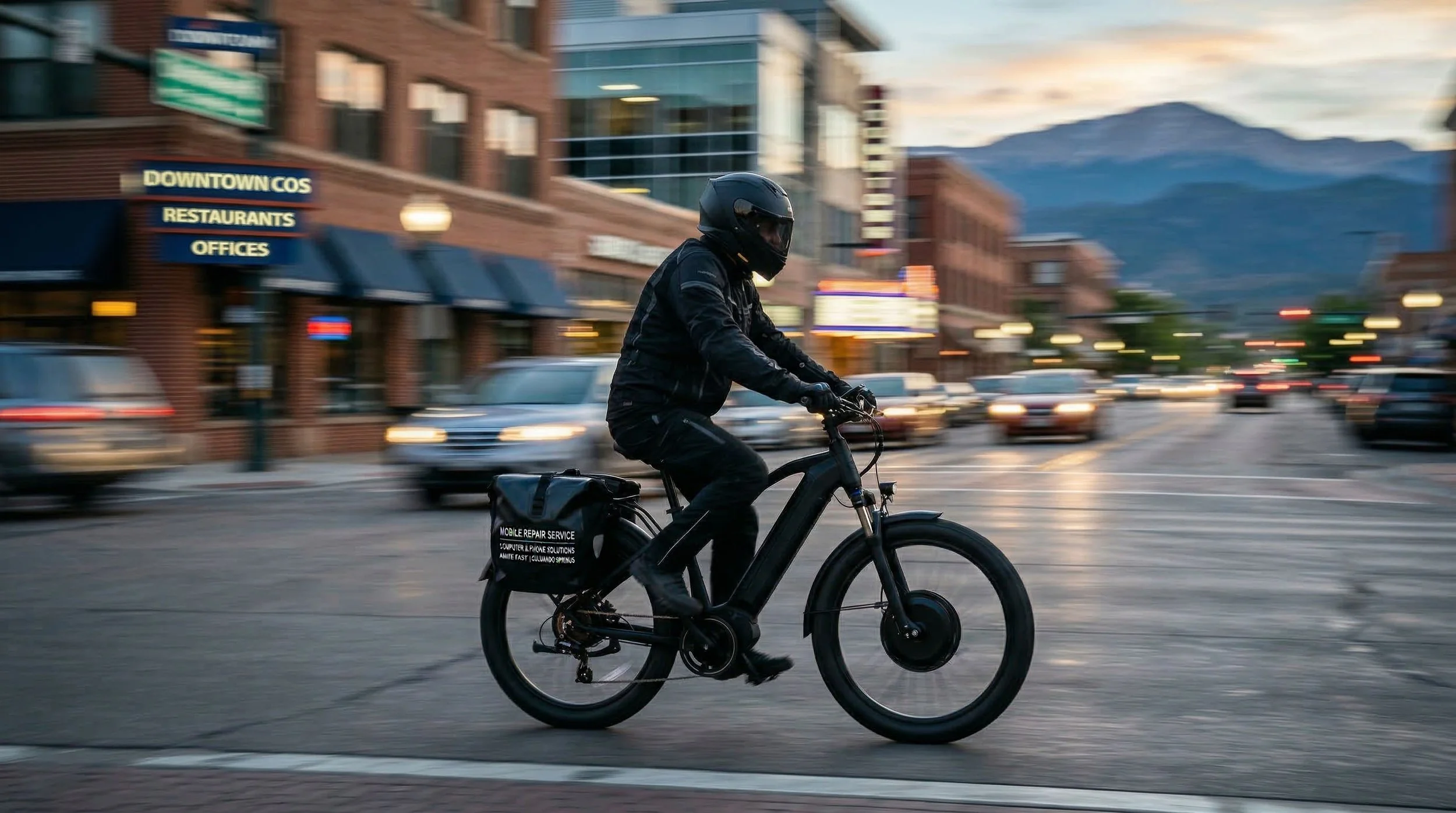 A person riding a black bicycle on a city street at dusk, wearing a helmet and dark clothing, with blurred cars and buildings in the background.