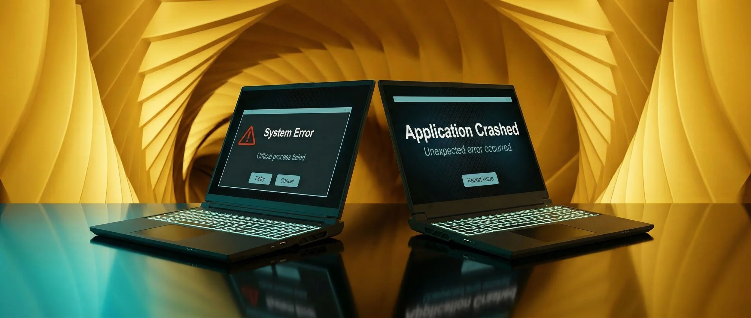 Two laptops with error messages on their screens are placed on a reflective surface. The left laptop shows a system error with options to retry or cancel,while the right laptop indicates an application crashed with an option to report issue. The background features a swirl of yellow fabric or material.