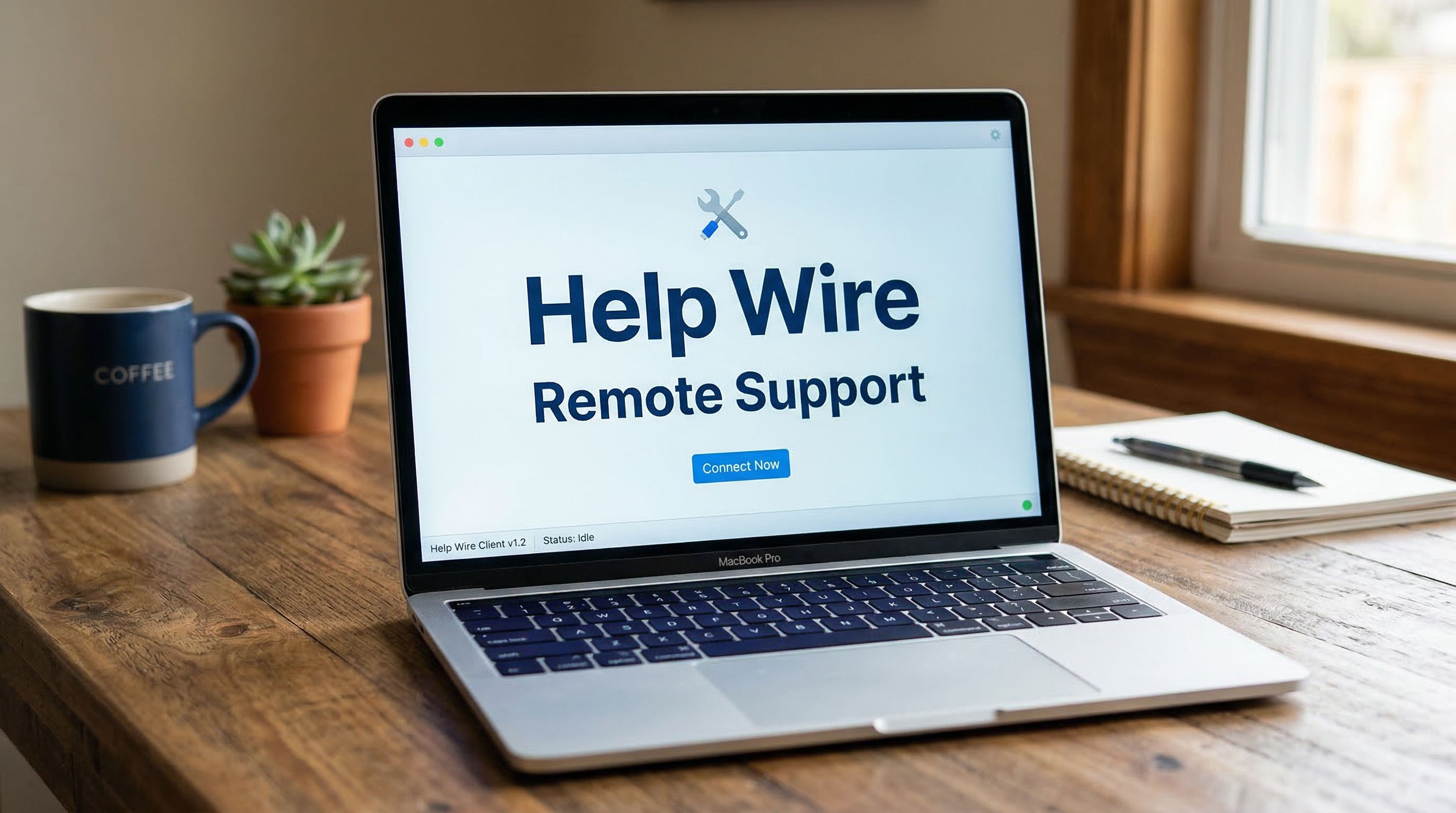 Laptop on a wooden desk displaying a screen that reads "Help Wire Remote Support" with a "Connect Now" button. To the left is a coffee mug labeled "COFFEE" and a small potted plant. To the right are a notebook and pen by a window.