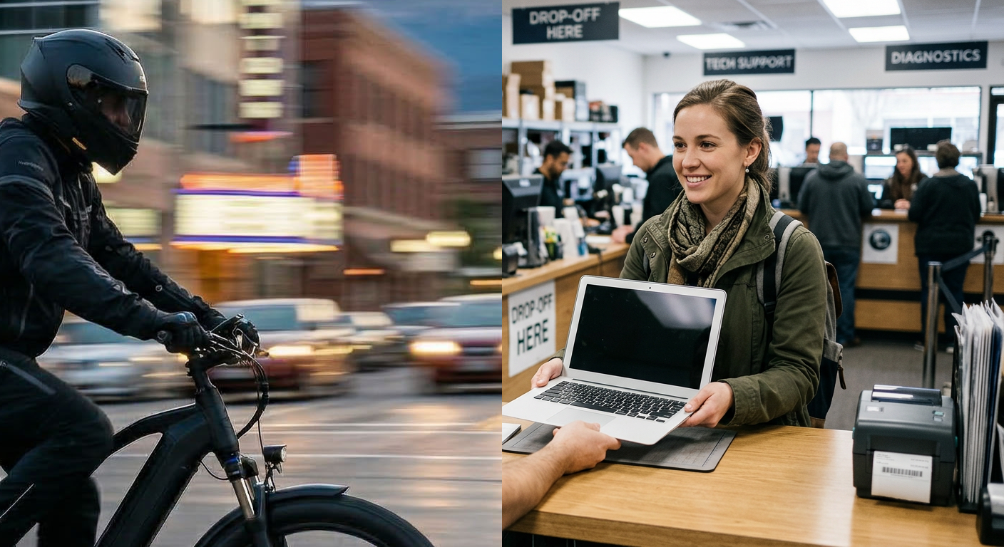 A woman in a post office counter is receiving a laptop from a postal worker inside the service area, with a background of busy customer service counters.