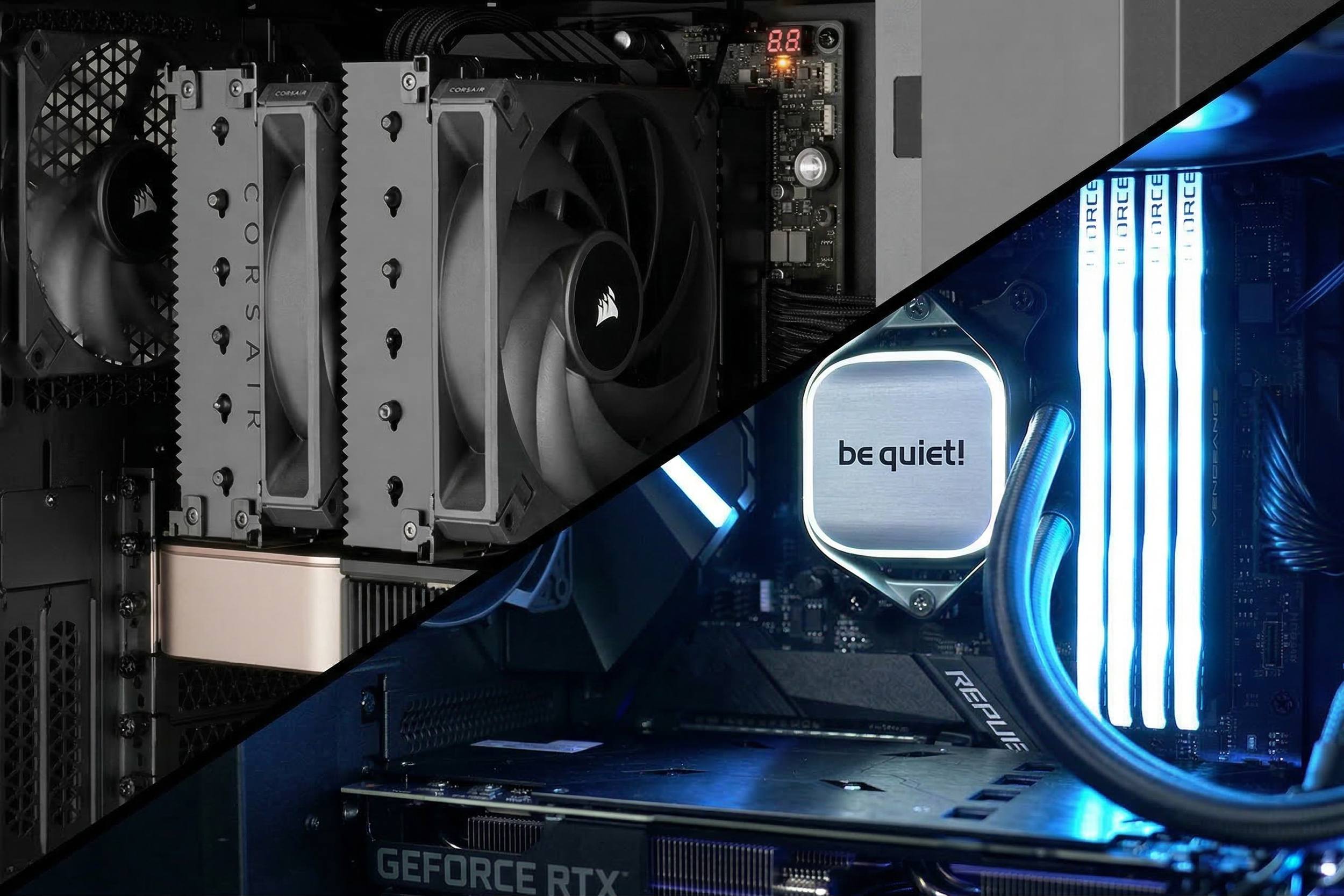 Image of a computer's internal components, including a CPU cooler, RAM sticks, a graphics card labeled 'GEFORCE RTX,' and a motherboard. The image is divided diagonally; the left side shows cooling fans and heatsinks, while the right side shows RAM with illuminated blue lights and a label saying 'be quiet!'