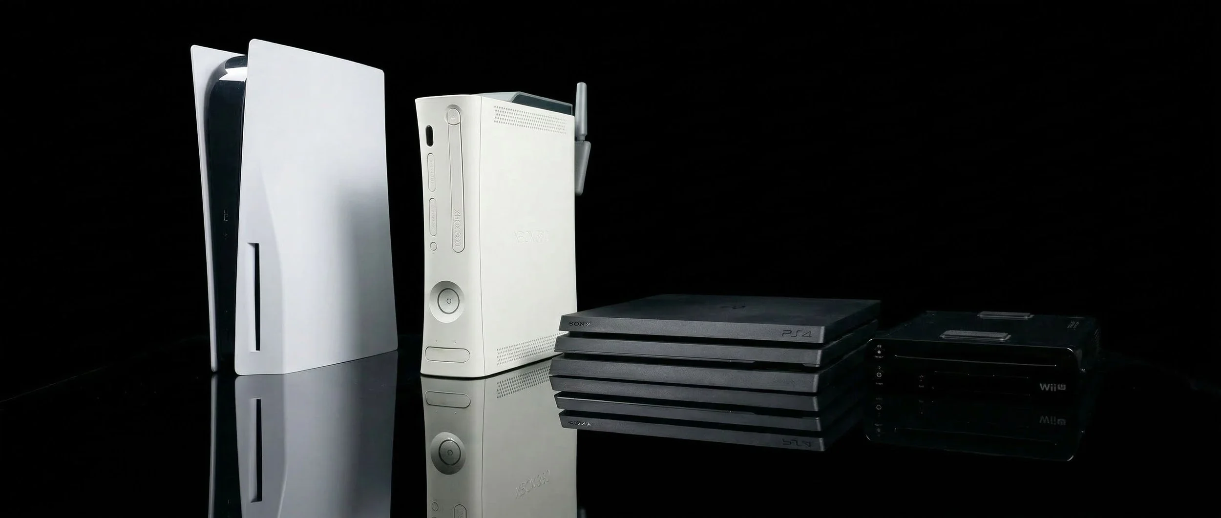 A collection of gaming consoles including a white PlayStation 5, a white Xbox Series X, four black PlayStation 4 consoles stacked, and a black Nintendo Wii U, all reflected on a shiny black surface against a black background.