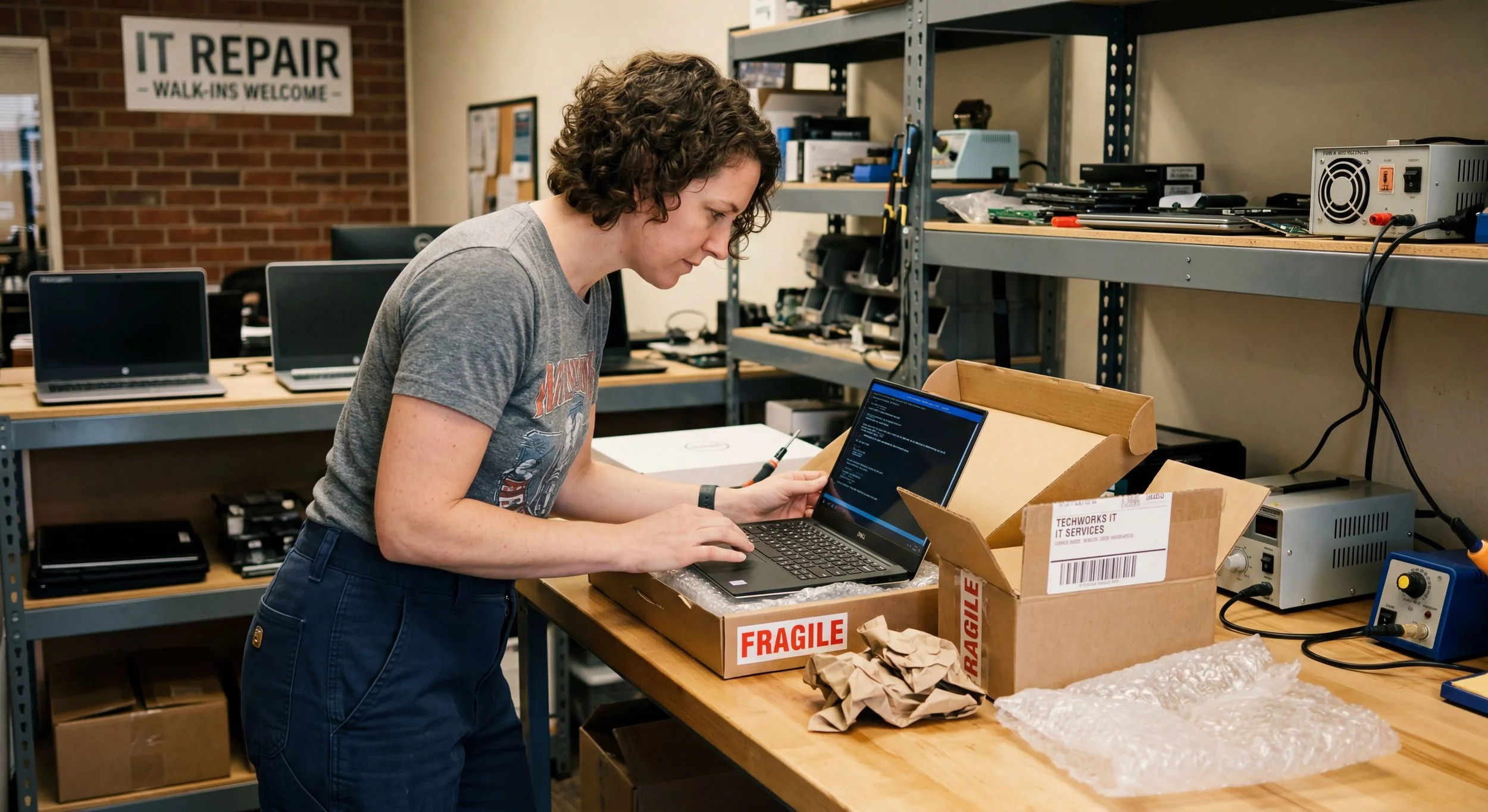 A woman in a gray t-shirt and blue jeans working on a laptop at an electronics repair workspace, with cardboard boxes and electronic equipment around her.
