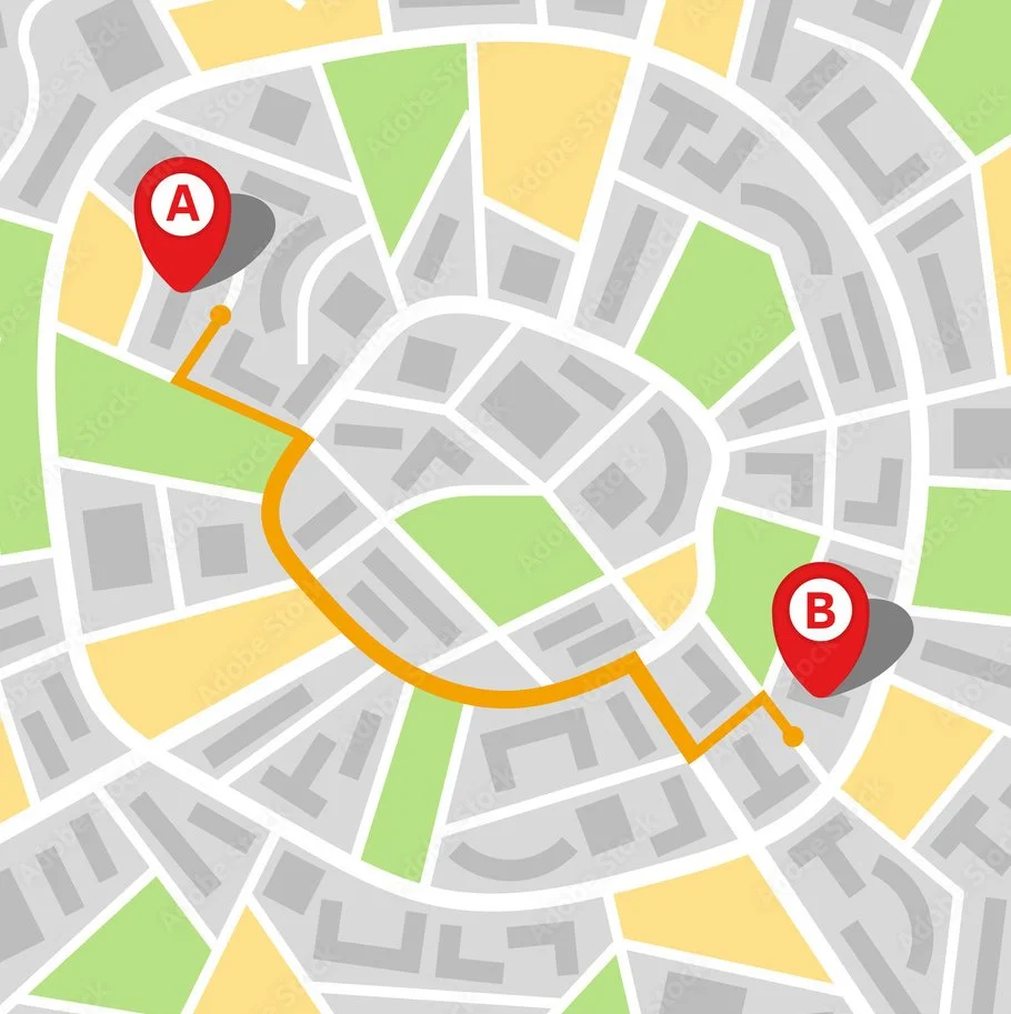 Map showing a route from point A to point B through a neighborhood with streets, green parks, and yellow areas.