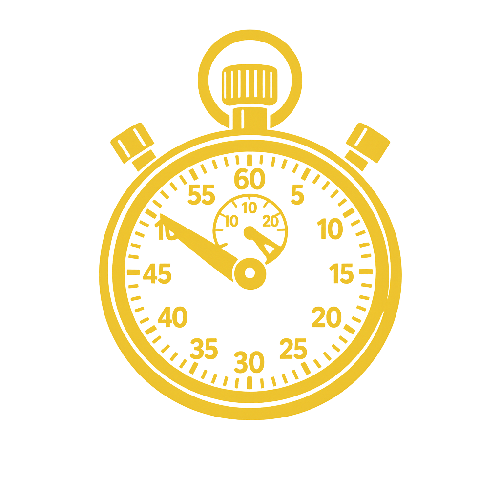 A gold stopwatch with black background, showing a time of approximately 9 minutes and 55 seconds.