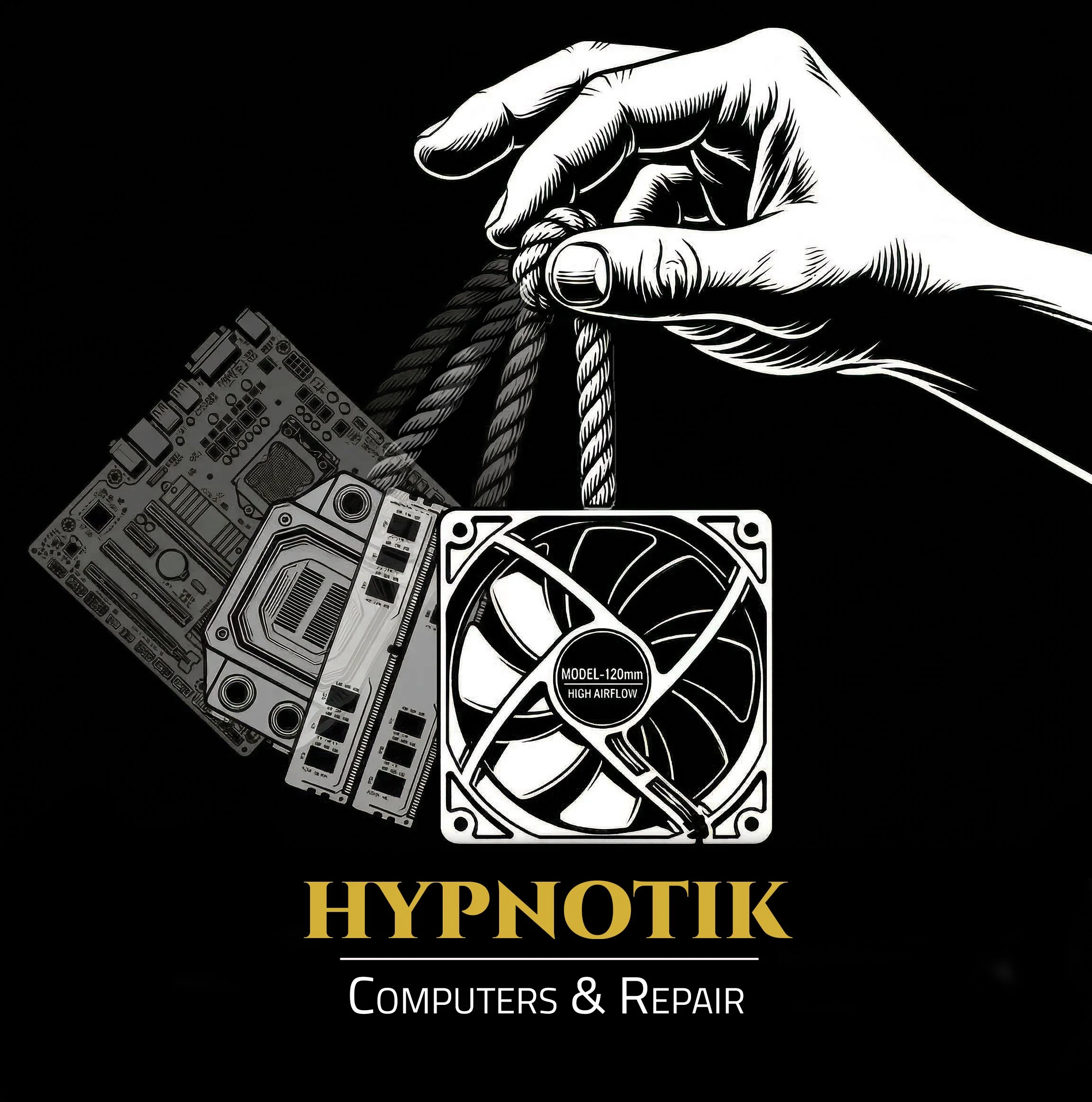 A black and white illustration of a hand holding ropes attached to computer components and a fan with the text 'HYPNOTIK Computers & Repair'.