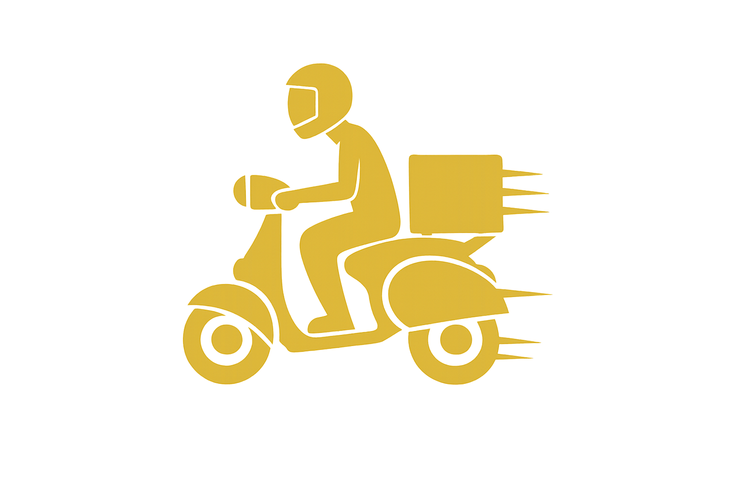 A yellow graphic of a delivery person riding a scooter with a large box containing three delivery sponges attached to the back.