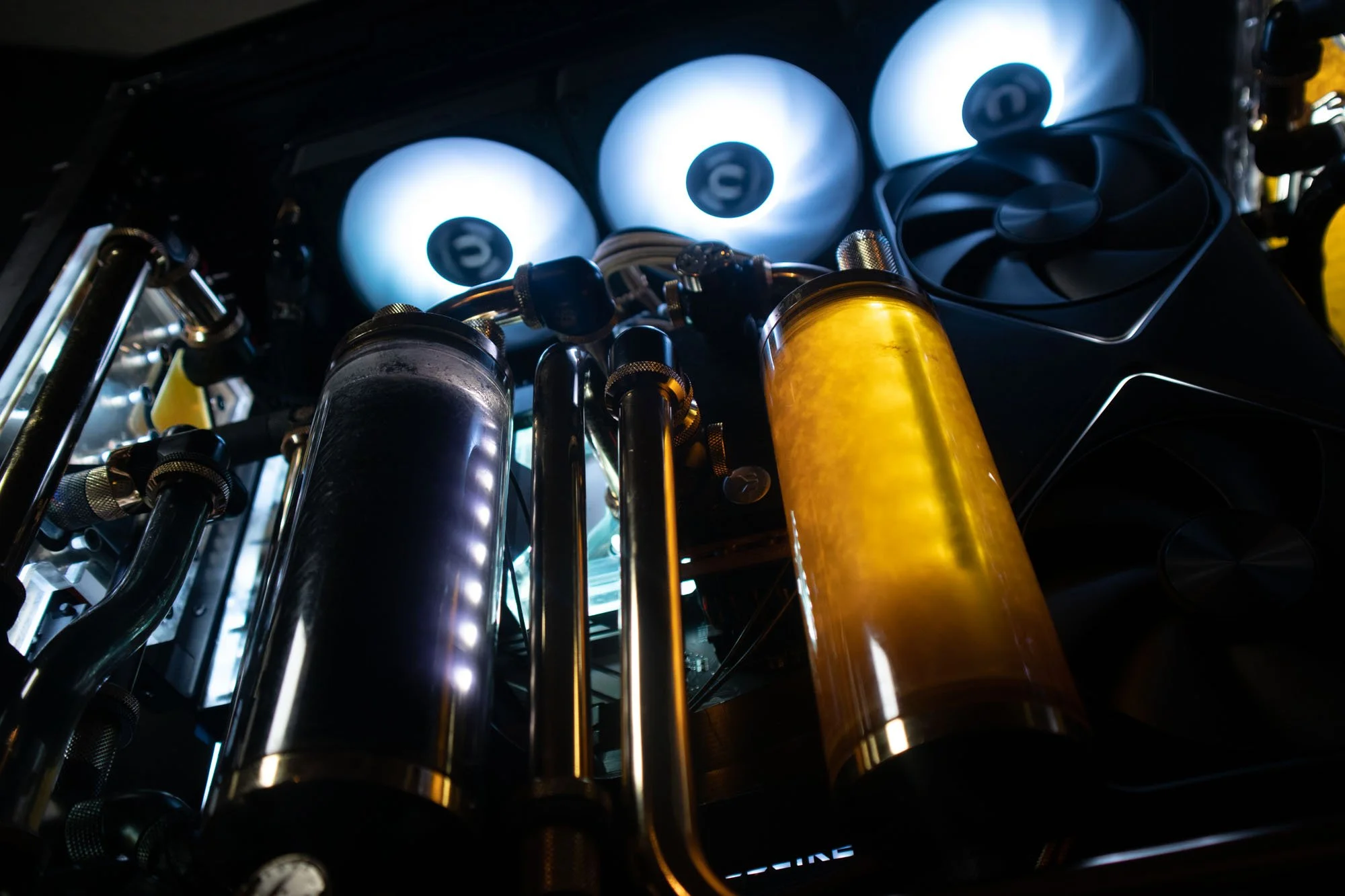 Dual Loop Water Cooling computer shot from below angle, showcasing a rtx 5090