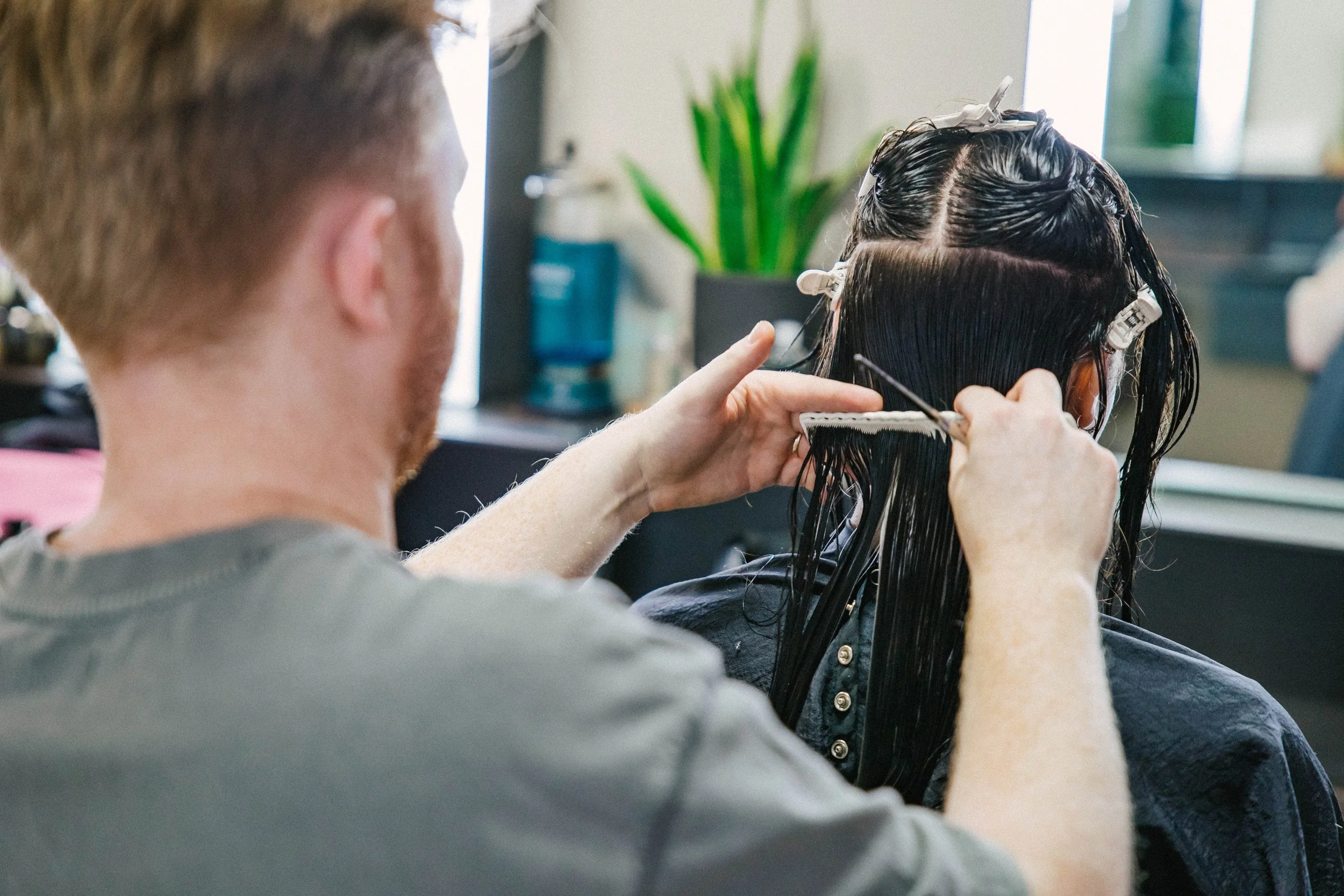A hairstylist cutting a client's wet hair at a salon with salon products and a plant in the background.