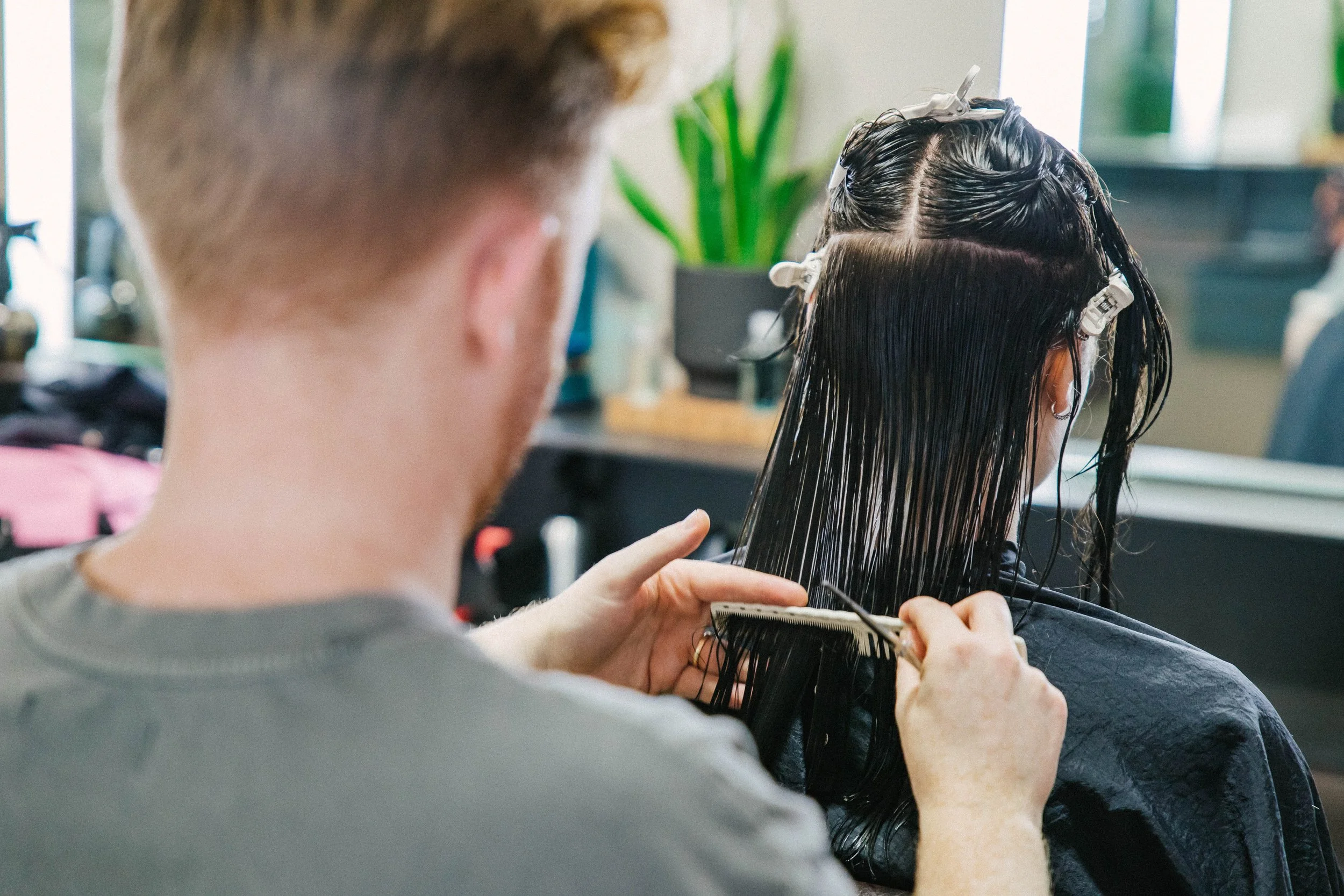 A hairstylist cutting a woman's wet, dark hair in a salon, with a plant and window in the background.