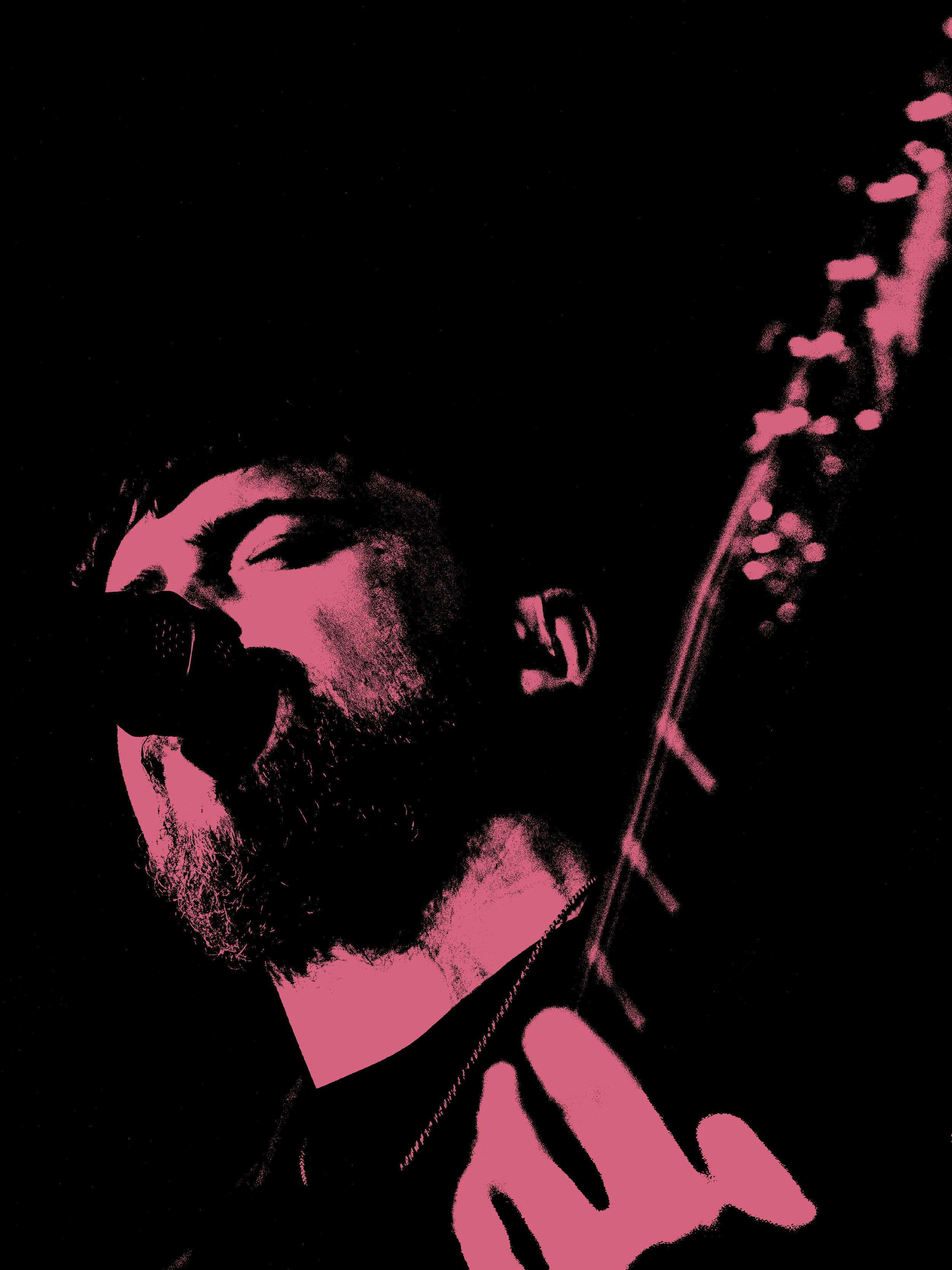 A stylized, monochrome, pink-tinted illustration of a young man with a beard playing an electric guitar, with a dark background.