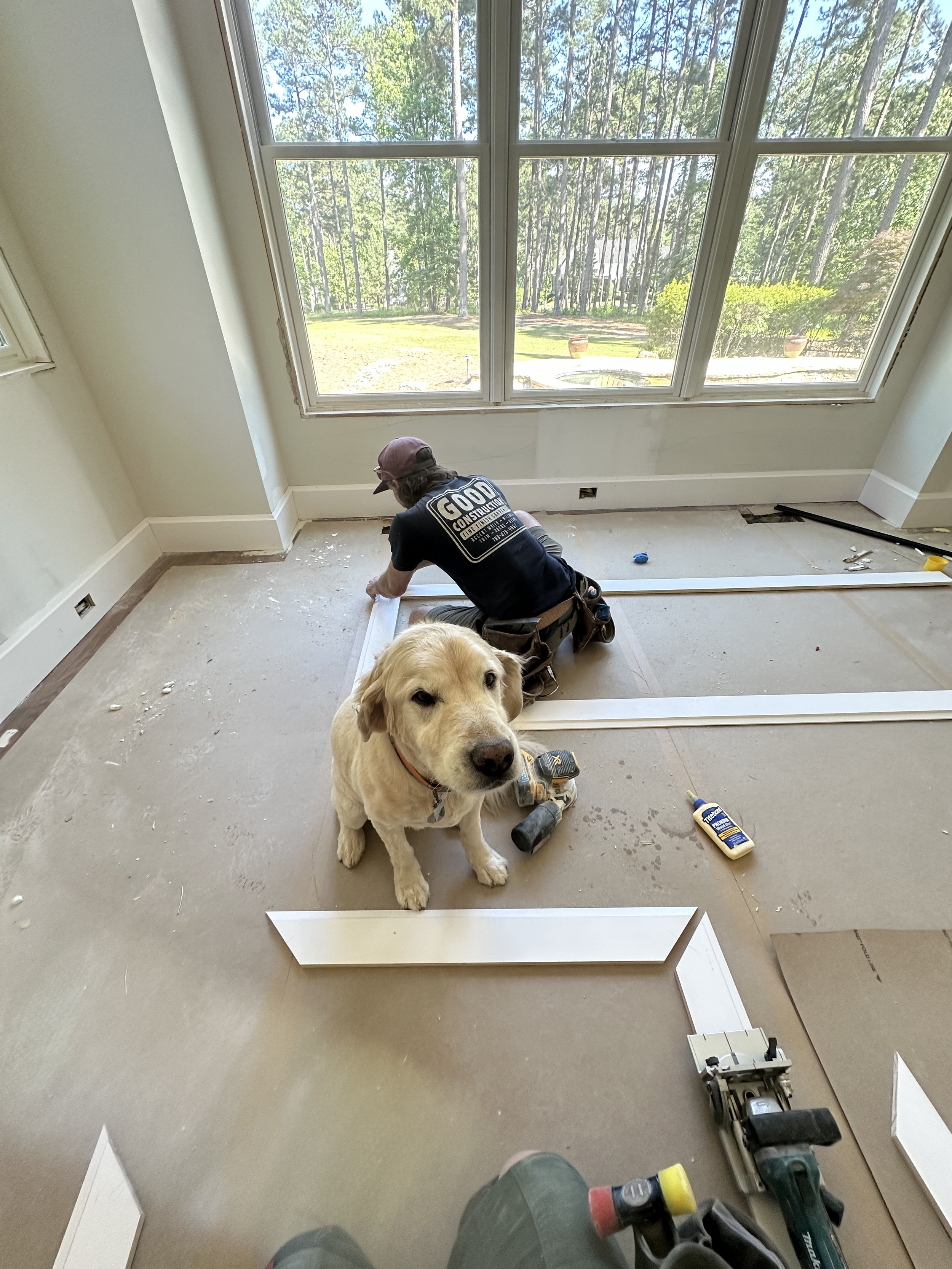 A man and a golden retriever puppy working on a home renovation project. The man is using tools on the floor near a large window, and the puppy is sitting in the foreground surrounded by construction tools and materials.
