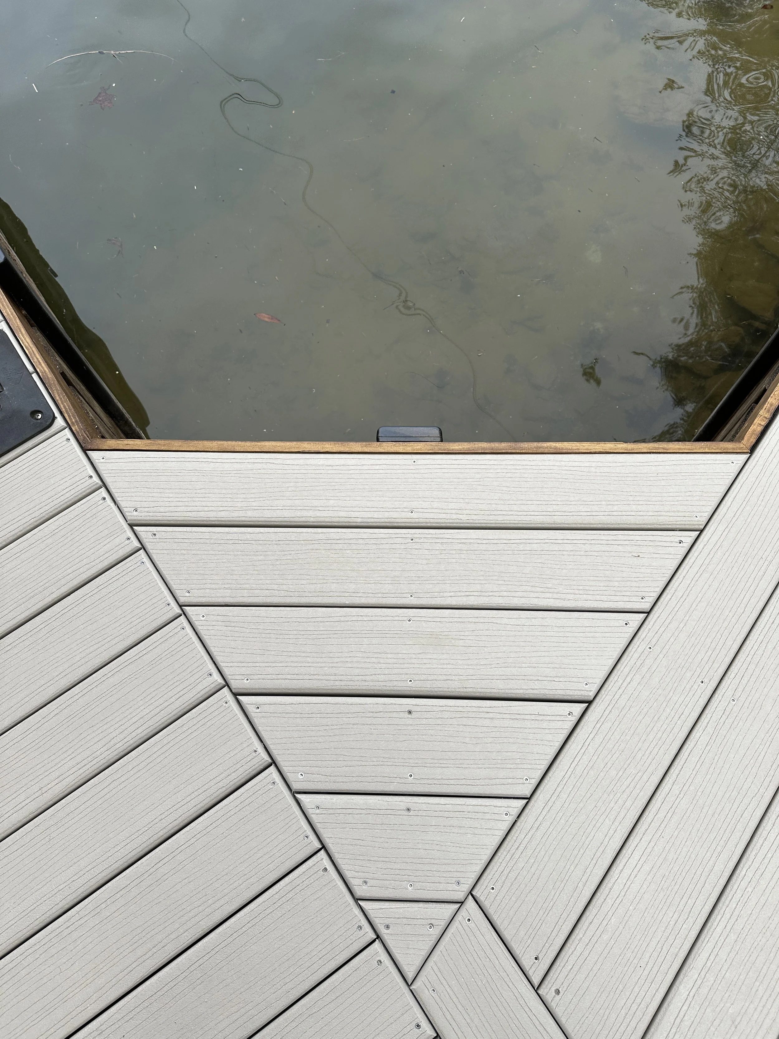 Part of a wooden dock next to water with a snake swimming in it.