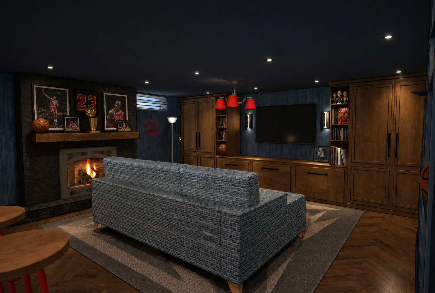 A cozy basement living room with a fireplace, basketball memorabilia, and a TV, decorated with basketball photos and awards.
