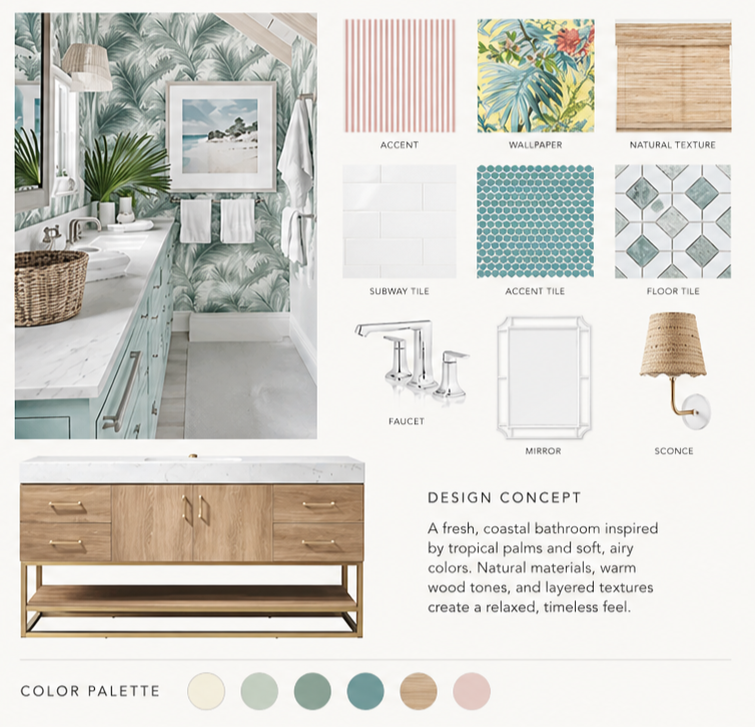 A bathroom design concept with tropical wallpaper, light blue cabinets, light wood furniture, and various tile samples, including subway, accent, and floor tiles. Features fixtures like a faucet, mirror, and sconce with natural and pastel color palette.