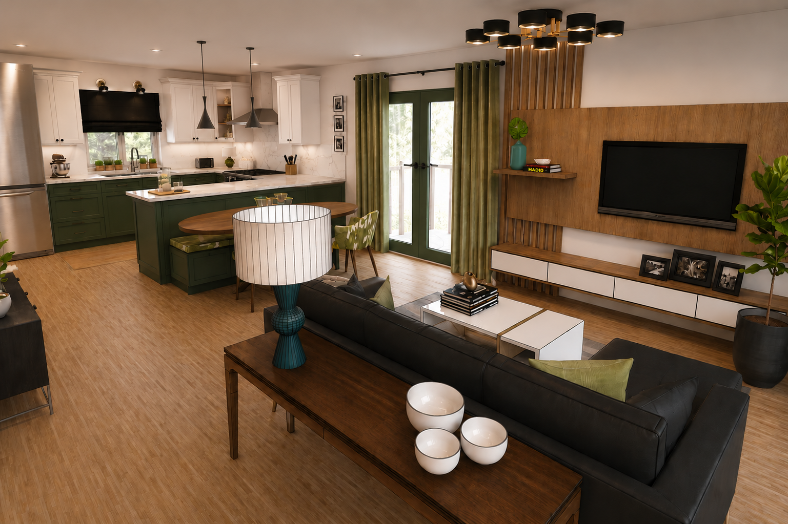Open-concept living room and kitchen redesign featuring improved space planning, better circulation, warm wood accents, and a functional layout for everyday family living.