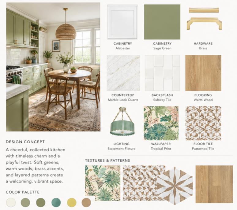 Kitchen redesign featuring improved layout, sage green cabinetry, and functional space planning.
