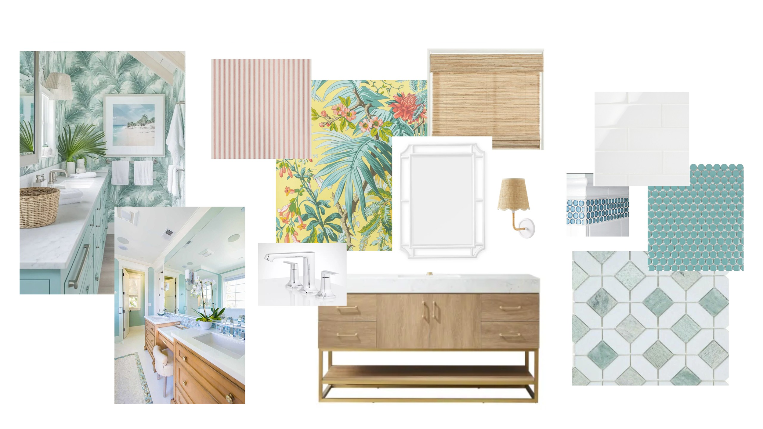 Interior design mood board featuring color palette, furnishings, materials, and styling inspiration.