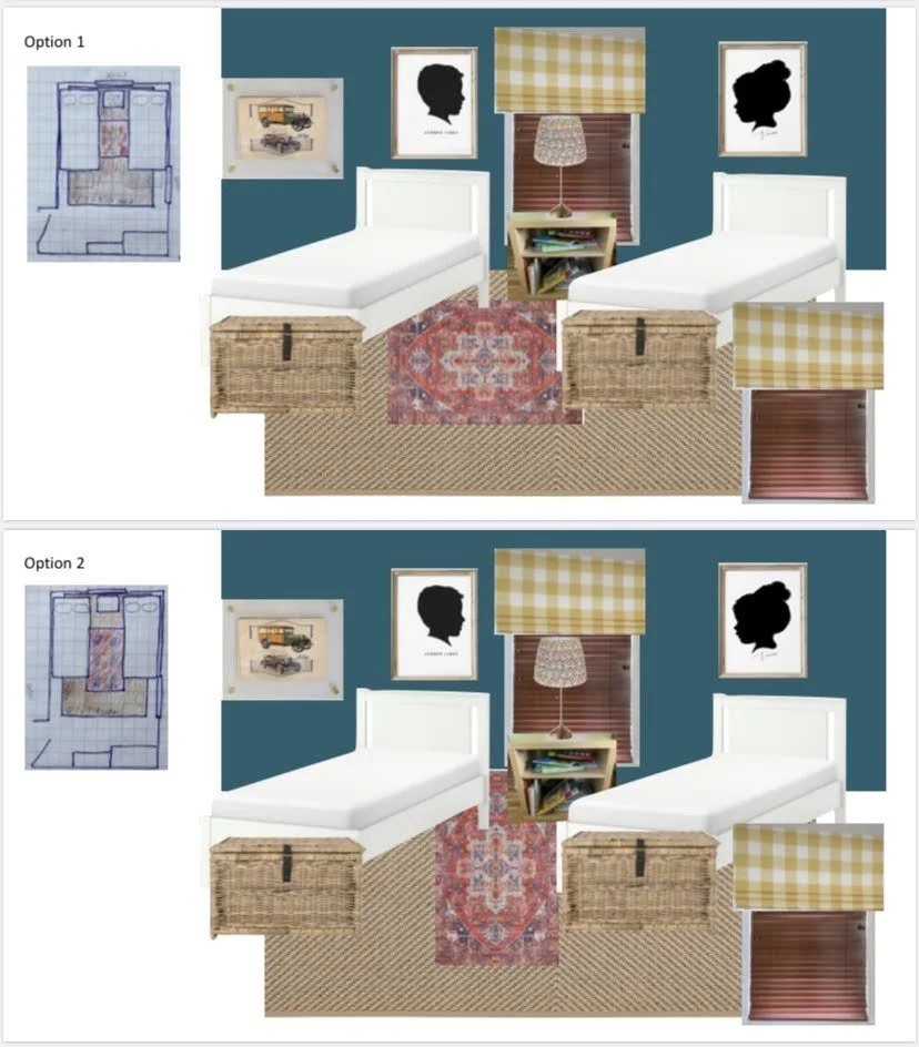 Two interior room arrangements with twin beds, art on the walls, a window with a bard, a bedside table, and a patterned rug, shown in two different configurations.