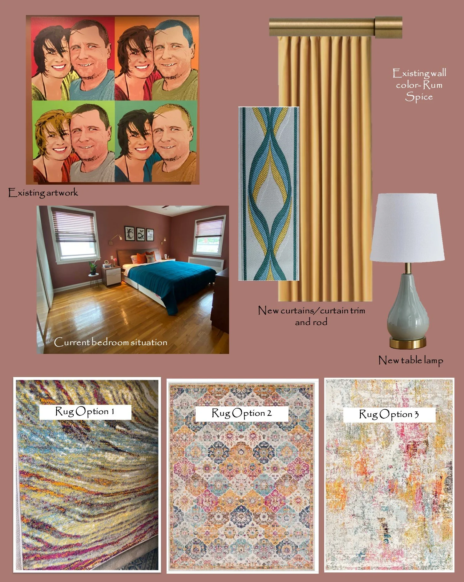 A collage of interior decor items including a furniture update with new curtains and curtain rod, a current bedroom setup with a bed, nightstands, and artwork, a new table lamp, and three rug options with colorful patterns.