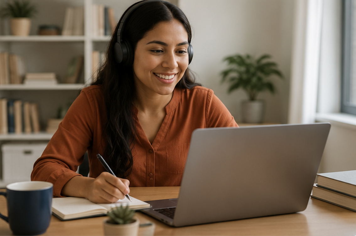 A woman wearing headphones, smiling, sitting at a desk with a laptop, notebooks, a cup, and a small plant, in a cozy home office with bookshelves and a window.