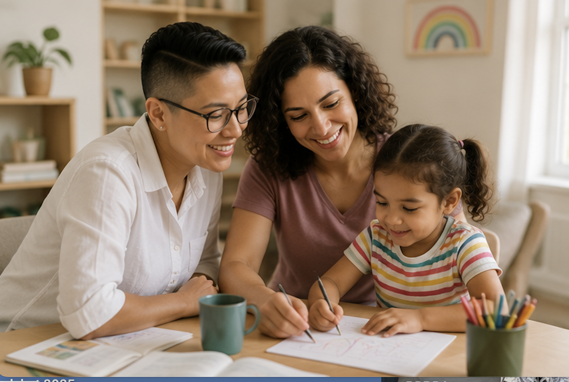 Three smiling women and a young girl drawing together at a table in a cozy room with books and a rainbow drawing on the wall.