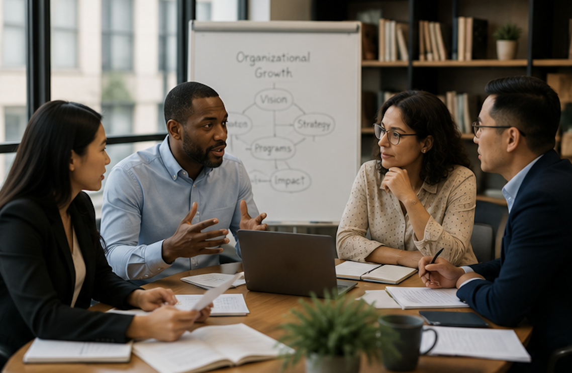 Business meeting with five people in a conference room, discussing organizational growth and strategy. There is a whiteboard with a diagram related to organizational growth in the background, bookshelves, and a window letting in natural light.