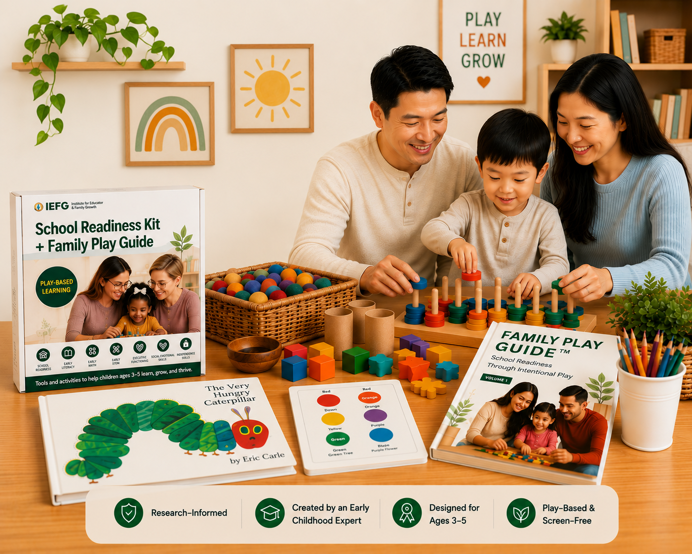 Family using the Institute for Educator & Family Growth's School Readiness Kit and Family Play Guide during a hands-on learning activity at home, supporting preschool readiness through play-based learning.