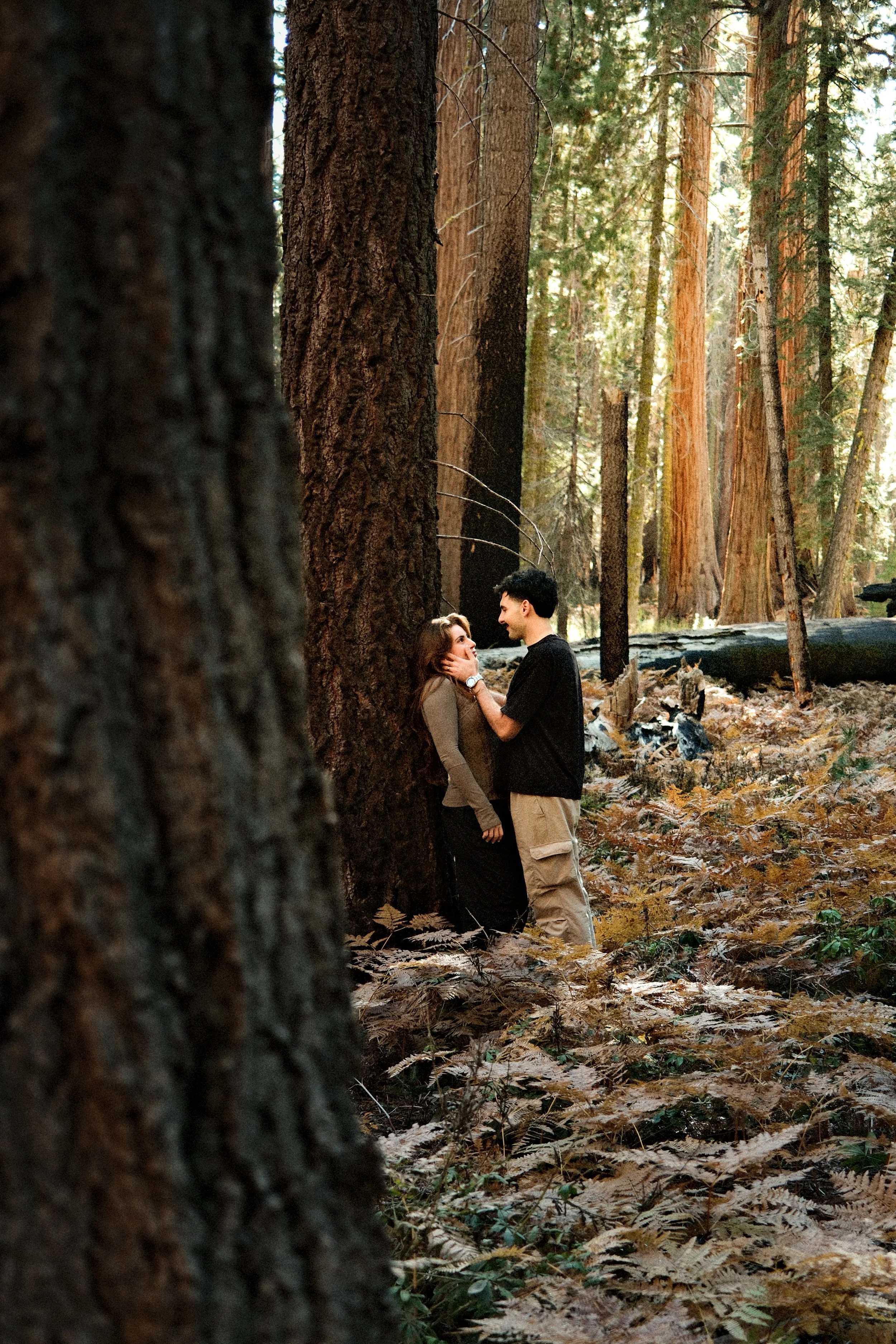 A couple standing close together in a forest with tall trees and autumn leaves on the ground, sharing an intimate moment.